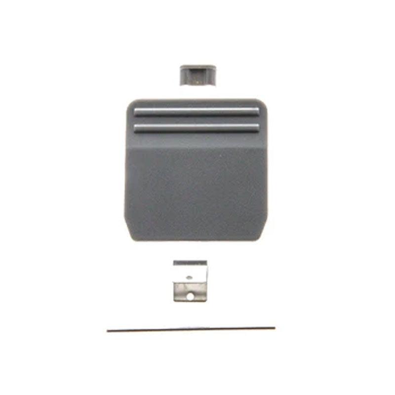 Image shows a small, rectangular, gray plastic component with two raised parallel ridges near the top. Below it, there's a small metal clip and a slim rectangular metal rod, arranged vertically against a white background. This assembly is designed for seamless integration with PIVOT Mini 4 cases. The product name is Clip Kit by PIVOT.