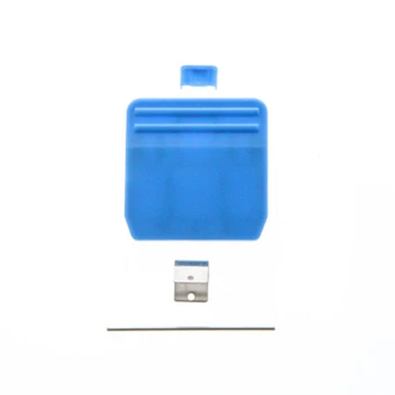 A blue plastic tool with a flat, rectangular shape and ridged grip handle, branded as PIVOT Clip Kit, sits above a small metal bracket, all placed on a white background. The tool's top edge is slightly curved, and the bracket has a rectangular cut-out in the center.