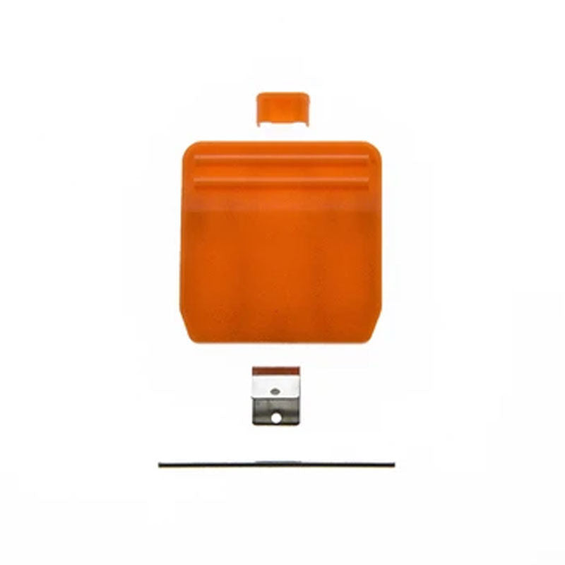 A bright orange plastic panel with two horizontal ridges at the top, a small hook or tab extending upward, and a PIVOT Clip Kit set below it, possibly for a PIVOT Mini 4. A thin black rod is positioned horizontally at the bottom.