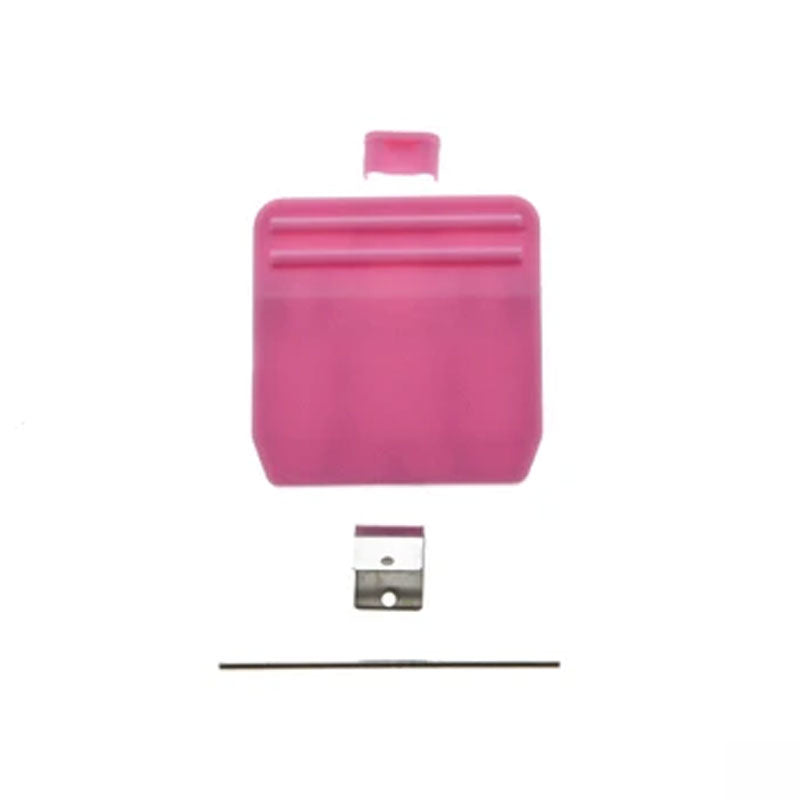 A pink rectangular plastic object with a protruding tab at the top, accompanied by a small silver metal bracket and a thin metal rod, all arranged on a white background—a Clip Kit for PIVOT Mini 4 cases.