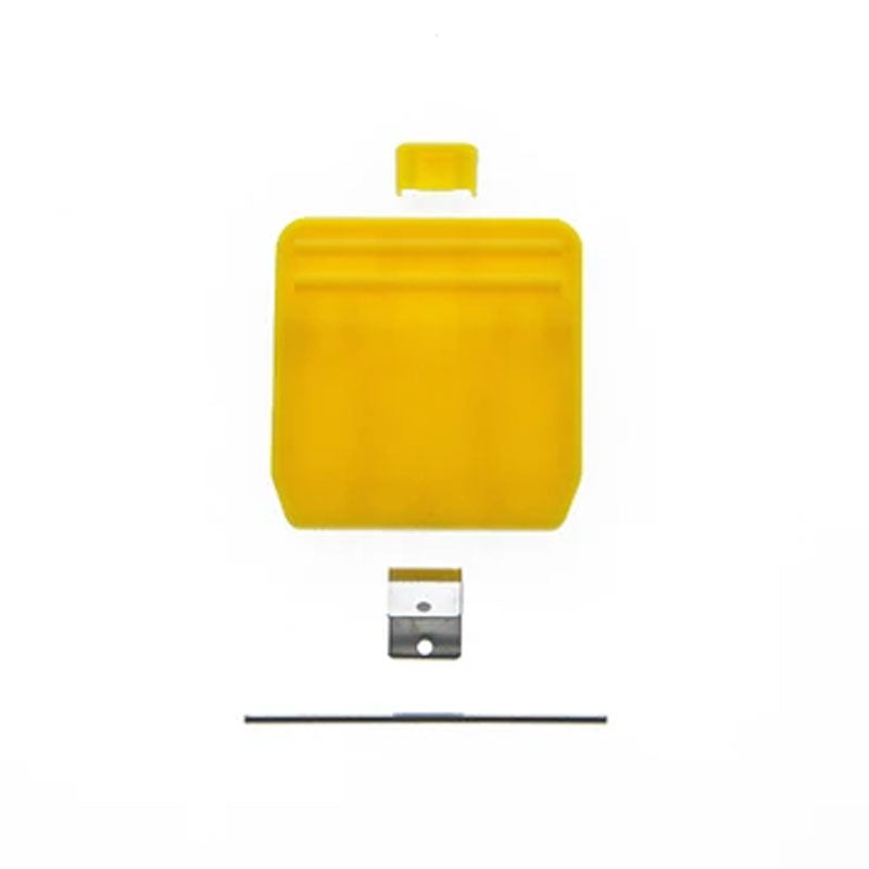 Image of a yellow plastic safety cover, a silver blade, and a thin metal rod arranged in a vertical line on a plain white background. The cover, which appears to be designed for some type of cutting tool or device like the Clip Kit by PIVOT, is possibly for a box cutter or utility knife.