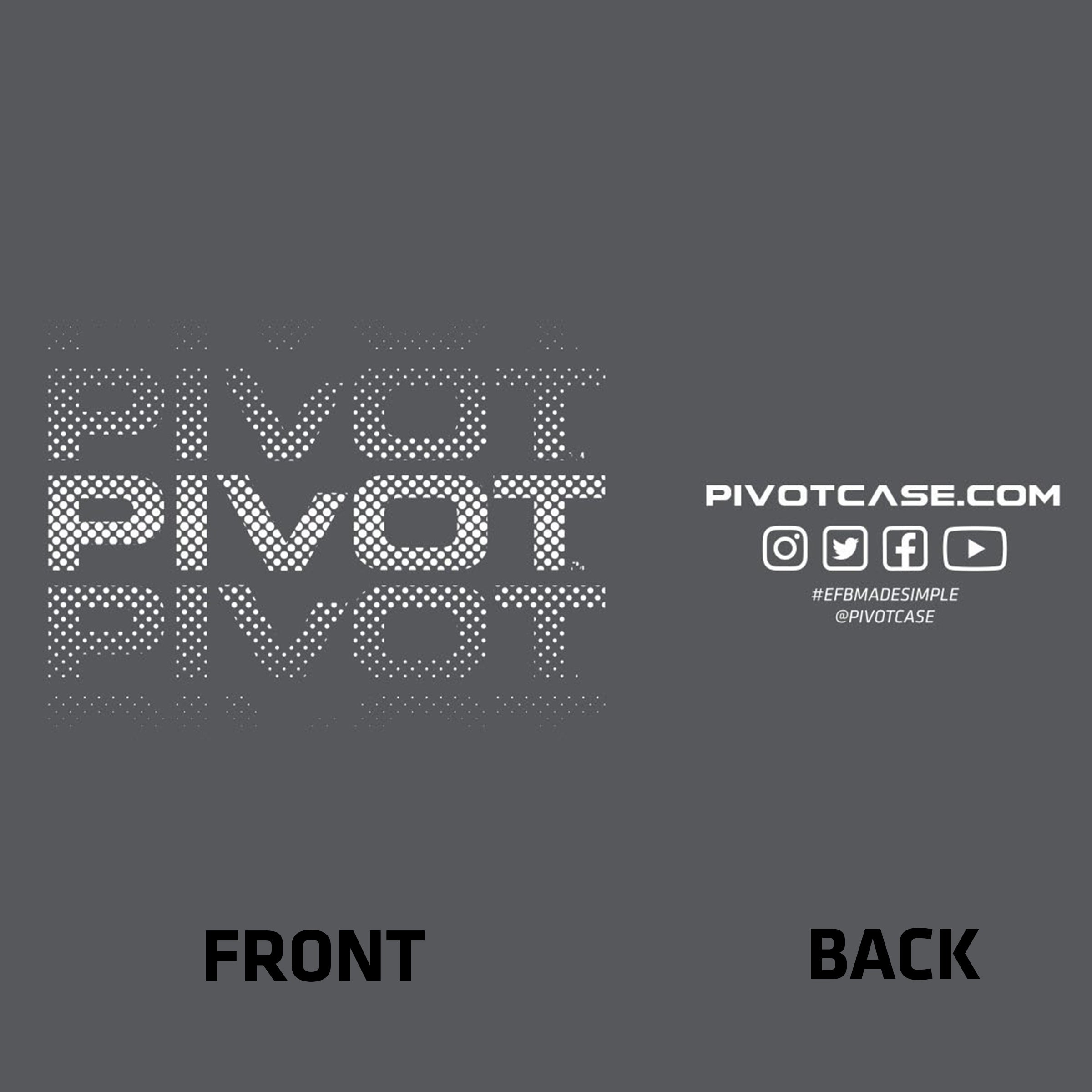 Graphic design displaying the word "PIVOT" repeatedly in fragmented, uppercase letters on the left side. The right side features text: "PIVOTCASE.COM," social media handles, and icons for Facebook, Instagram, and YouTube along with sizing information like body length and width. Below are labels "FRONT" and "BACK." 

Product Name: Logo Tee  
Brand Name: PIVOT