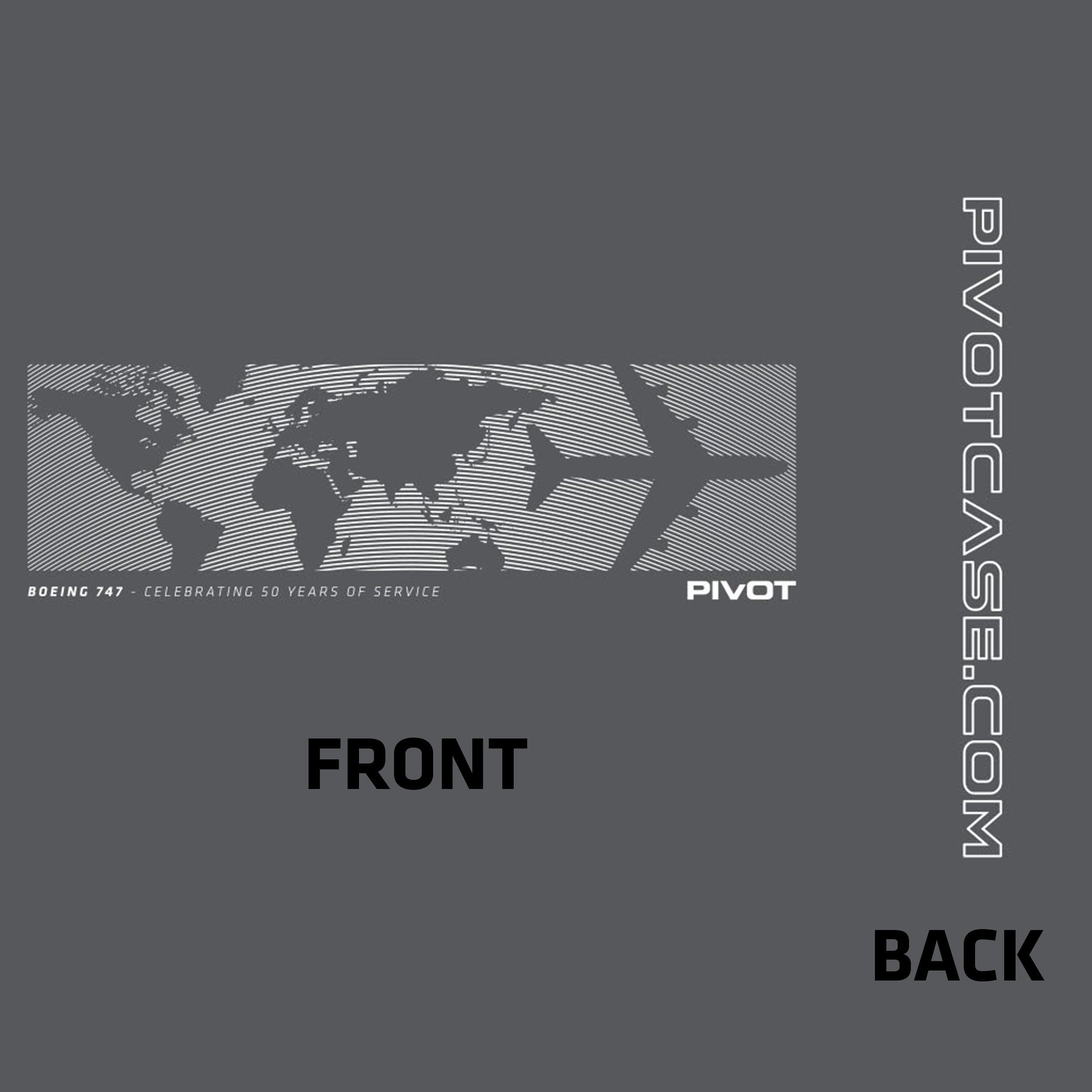 Grey promotional image for PIVOT, featuring "PIVOT World Map Boeing 747 Tribute Tee" with an airplane silhouette and a world map background. "PIVOT" is in white text on the right, along with "PIVOTCASE.COM" vertically aligned. Body length and body width sizing information are labeled as "FRONT" and "BACK.