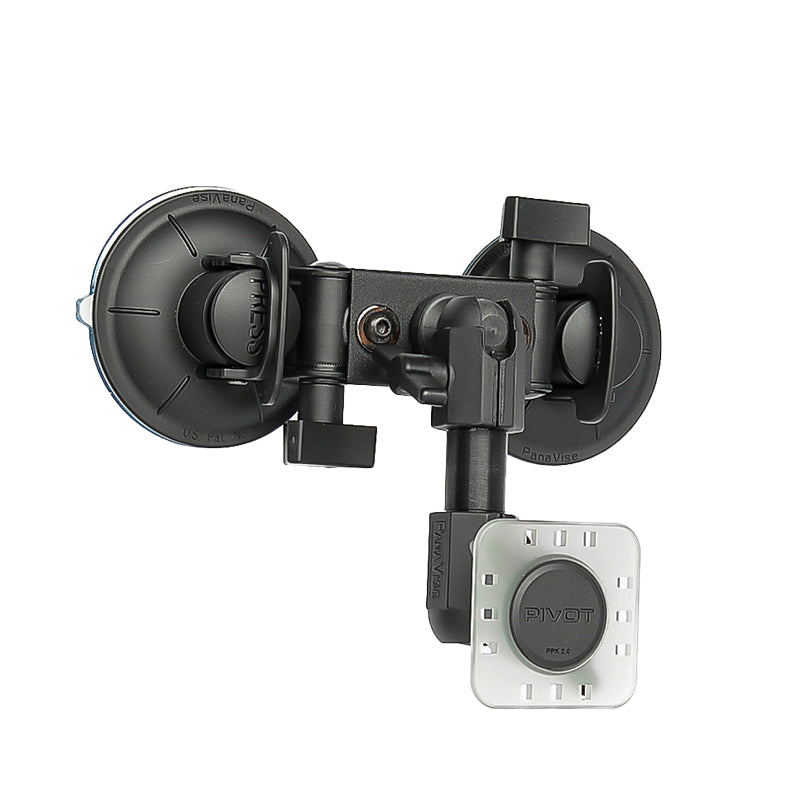 A Double Suction Cup Mount - 0.75-inch Ball Arm with an adjustable arm and a square base that reads "PIVOT" over a white background. The mount features twist locks on each suction cup to secure their position and an adjustable mechanism for the base.