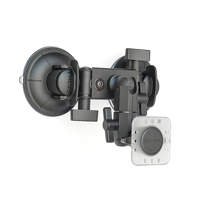 A black, dual-suction mount phone holder with adjustable arms and pivot points. The holder features a rectangular attachment area with rounded corners and is labeled "PIVOT." The Double Suction Cup Mount - 0.75-inch Ball Arm is designed to adhere to smooth surfaces like car windshields or dashboards.