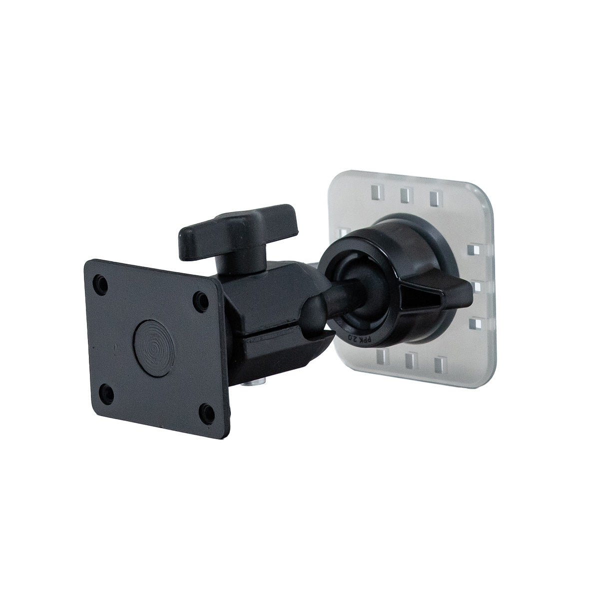 A PIVOT Flush Permanent Mount (AMPS Plate) - New Hardware Option (NHO) with a square base and a transparent adhesive pad. The bracket has a knurled knob for tightening and adjusting the angle, making it versatile for various mounting needs.