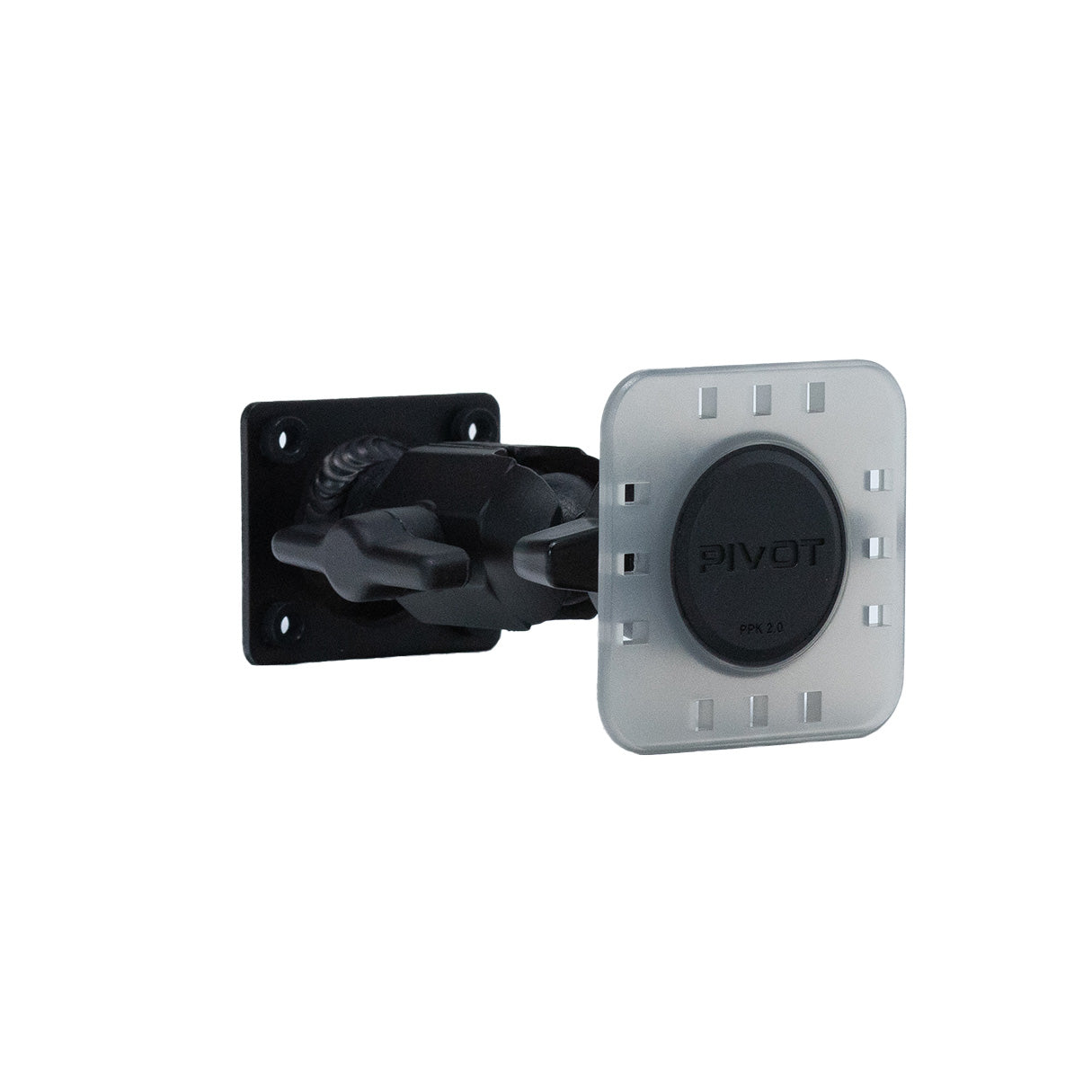 A black and gray Flush Permanent Mount (AMPS Plate) - New Hardware Option (NHO) device with a square base and rounded edges. The mount is labeled "PIVOT" and has a compact, modern design, suitable for securing various objects against a wall. The background is plain white.