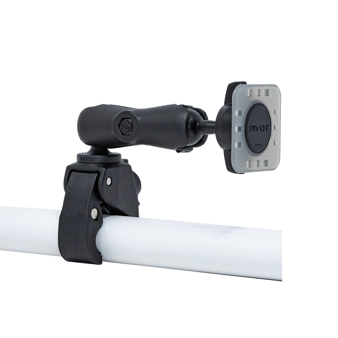 A black adjustable Claw Mount with a rectangular holder is attached to a white cylindrical pole. The holder is labeled "PIVOT." The setup is designed to hold devices like smartphones or cameras securely in place.