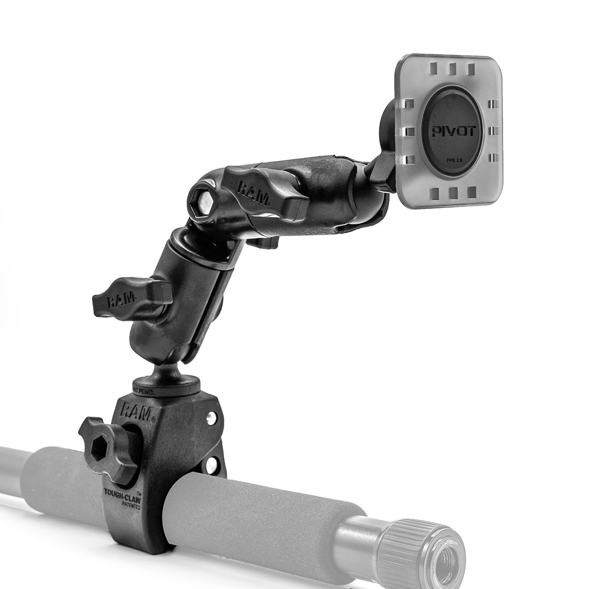 A black adjustable Articulating Claw Mount - NEW, branded with "PIVOT," is securely clamped to a cylindrical metal bar. The mount features several adjustable joints and knobs, allowing for customized positioning of attached devices or accessories.