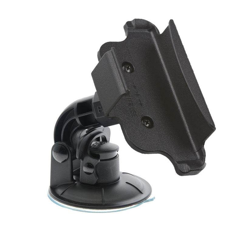 A black PIVOT Suction Cup Mount for Stratus with a suction cup base and adjustable holder, designed to hold a mobile device. The mount features a flexible arm that allows for positioning and securing the device in place on a car dashboard or windshield.