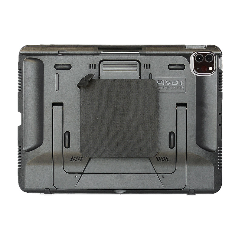 A black electronic tablet is shown from the back, enclosed in a robust protective case with a built-in Heavy Duty Velcro® Mount by PIVOT. The mount is folded flat against the case. The rear camera and some branding are visible on the top right corner.