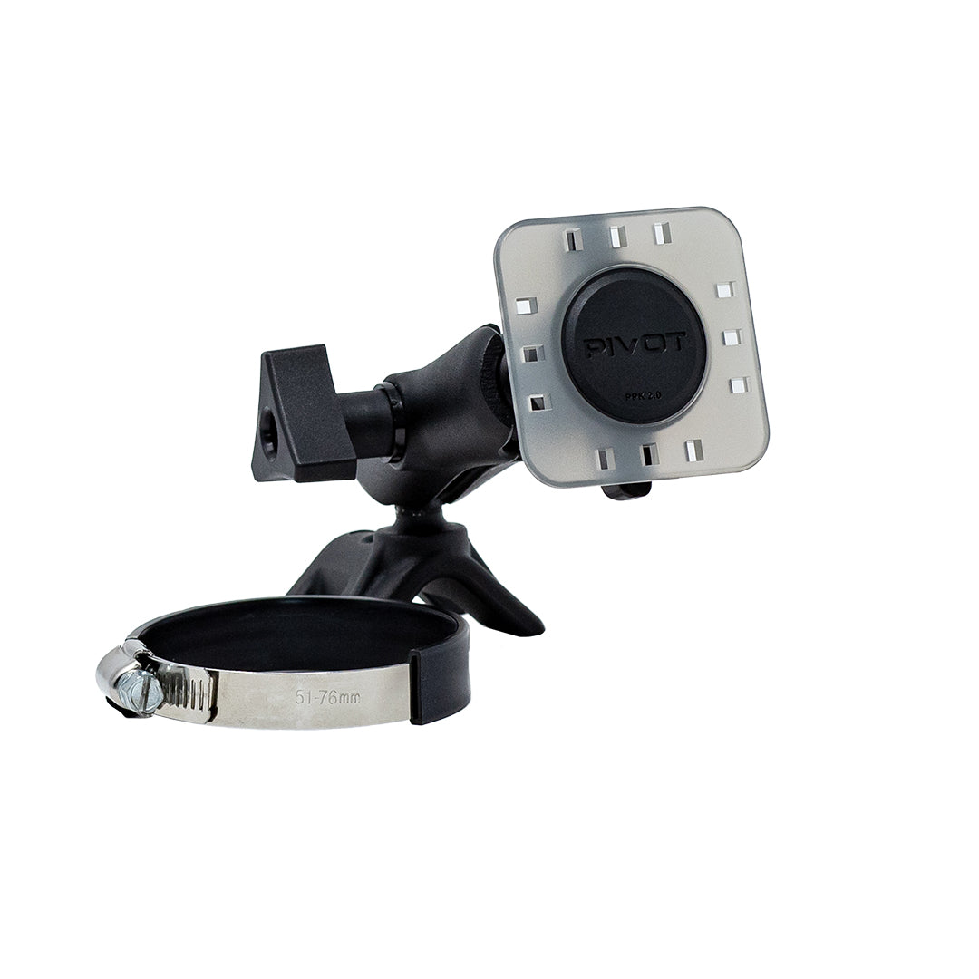 A black and silver PIVOT Yoke Clamp Mount designed to secure a device on handlebars. Features an adjustable clamp, a square-shaped holder with multiple grips, and a sturdy base. The clamp accommodates handlebar sizes ranging from 51 to 76 mm.