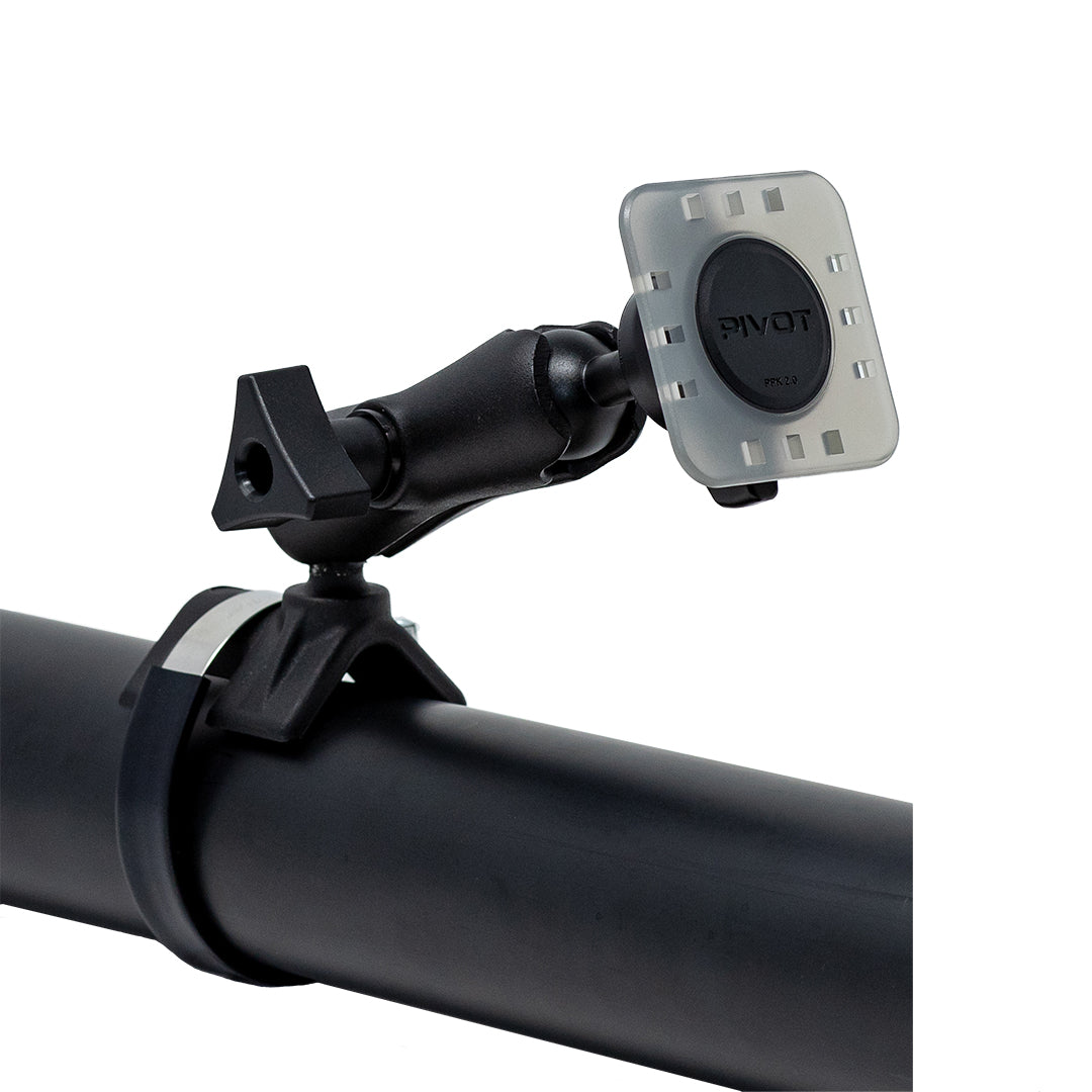 An adjustable black handlebar mount with a swivel joint, holding a square-shaped device marked "PIVOT." The PIVOT Yoke Clamp Mount by PIVOT is securely clamped onto a cylindrical black bar. The design allows for flexible positioning of the attached device.