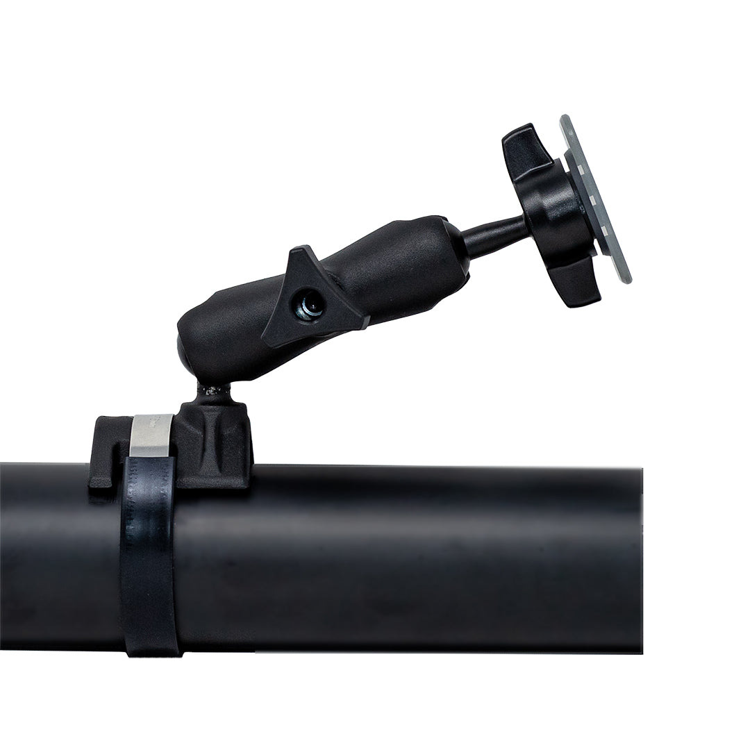 A black PIVOT Yoke Clamp Mount with an adjustable arm is attached to a horizontal tube. The arm has two pivot points and is connected to a round base plate at the top, which is suitable for holding or mounting various devices.