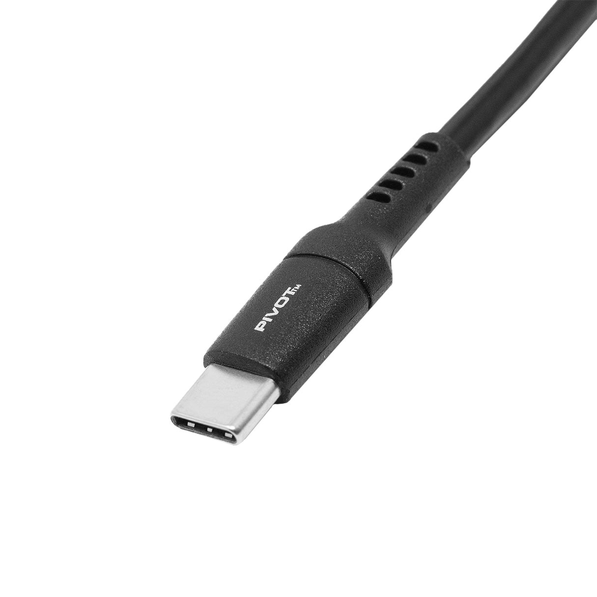 Close-up of a black POWER USB-C Cable against a white background. The USB-C connector is labeled "PIVOT" and has a compact, symmetrical design for easy plug orientation. The cable extends from the connector, indicating its use for data transfer and charging.