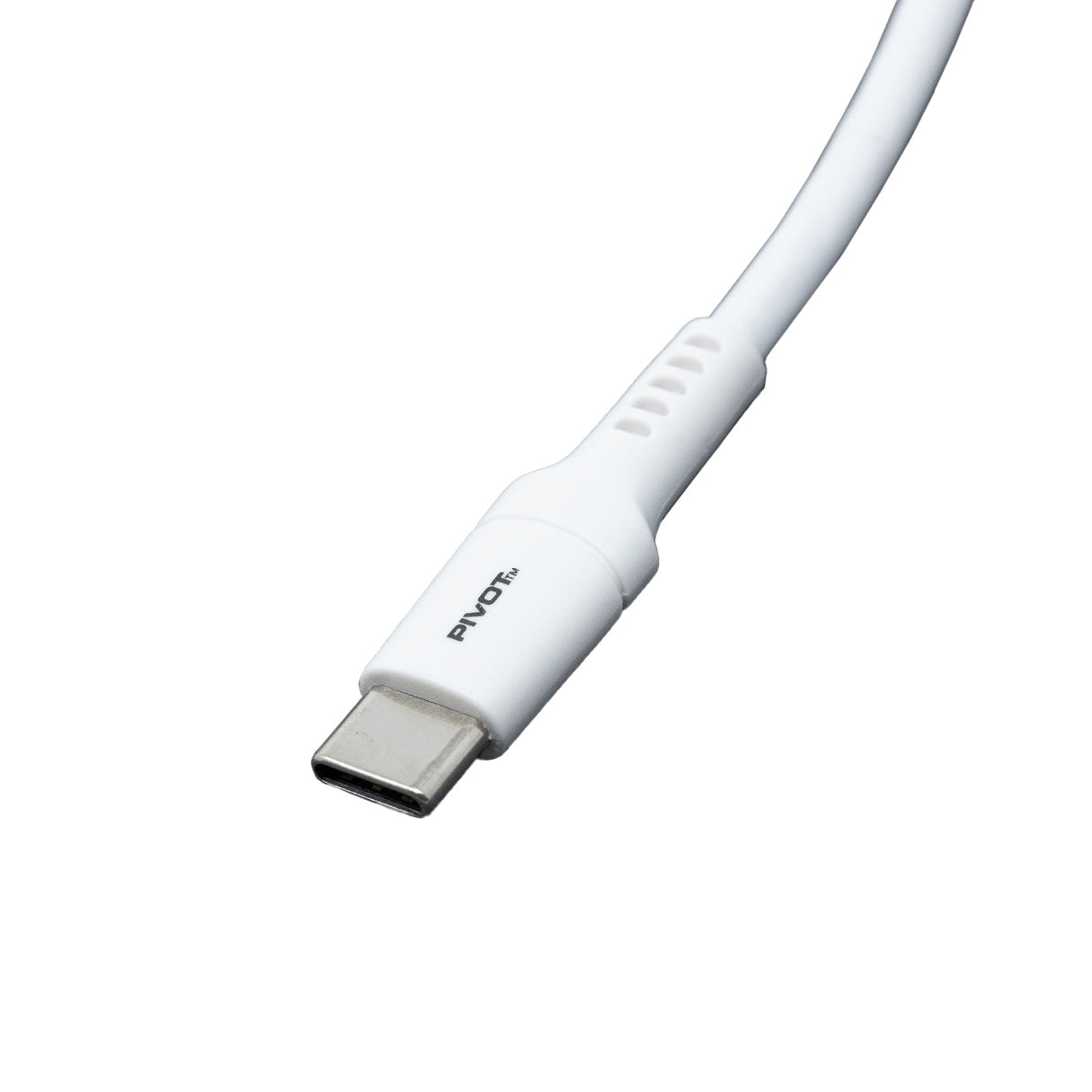 Close-up of a white PIVOT POWER USB-C Cable with a labeled connector. The cable is partially shown, focusing on the connector end, which is designed for USB-C ports. The label "Pinout" is visible on the connector. The background is plain and white.