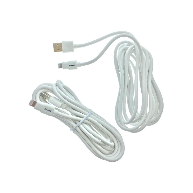 Two white POWER USB to Lightning Cable (3 meters) from PIVOT are shown. Each cable has a USB-A connector on one end and an 8-pin Lightning connector on the other. One cable is coiled and secured with a rubber band, while the other is loosely coiled. The word "PIVOT" is printed on the connectors.