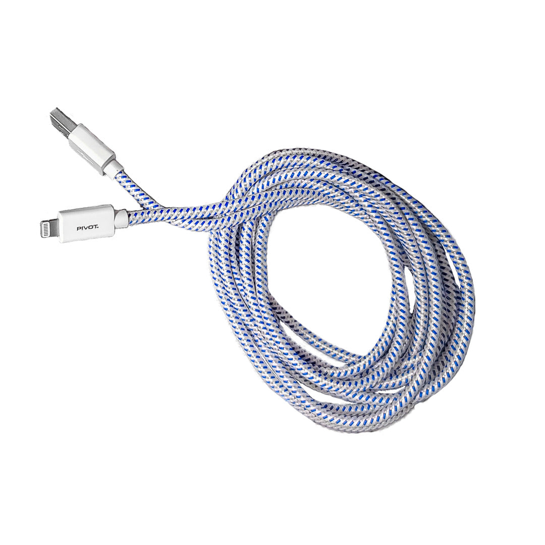 A PIVOT POWER USB to Lightning Cable (3 meters) - Braided with white and blue patterns. One end has a USB-C connector, and the other end features a Lightning connector. The cable is coiled in a loose loop.