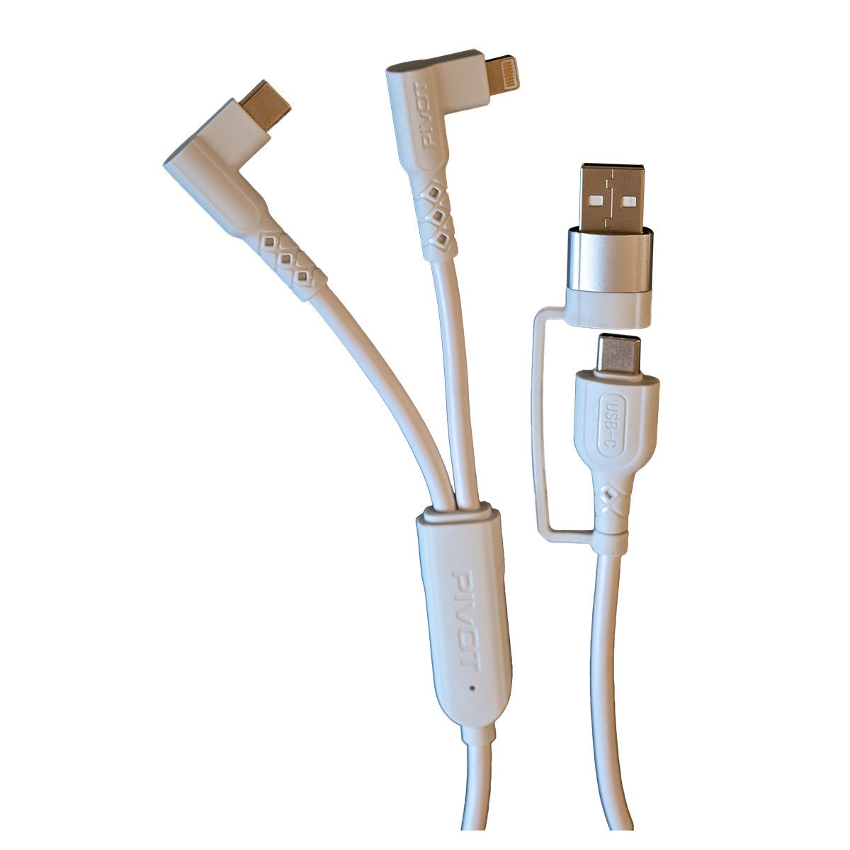 A white POWER 4-in-1 Multifunction Cable with multiple connectors: USB Type-A, micro-USB, USB Type-C, and Lightning, labeled "PIVOT." Each connector is attached to a single cable, designed to charge various types of devices.