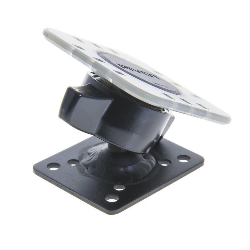 A small, black metal adjustable mounting bracket with a square base featuring multiple screw holes. The top platform is designed to rotate and tilt, making it ideal for securing and angling devices or equipment. This product is the PIVOT Flush Permanent Mount (AMPS Plate) with PPK-1.