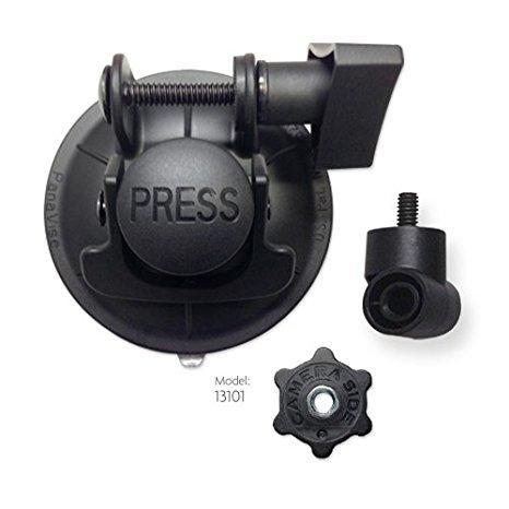 Image of a black PIVOT Low Profile Suction Cup / Camera Mount with adjustable arm. The device has a large press button for suction activation, and includes additional small mounting components next to it.