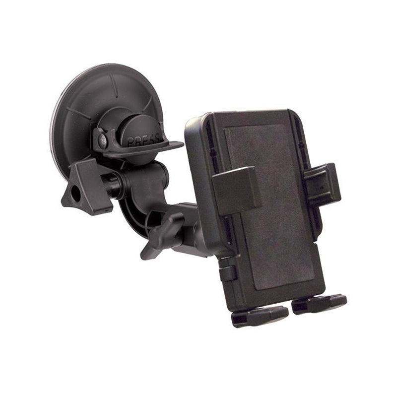 A black PIVOT PortaGrip Phone Mount with adjustable grips and a swiveling joint is shown. The mount is designed to attach to a windshield or other smooth surfaces to hold a smartphone securely in place.