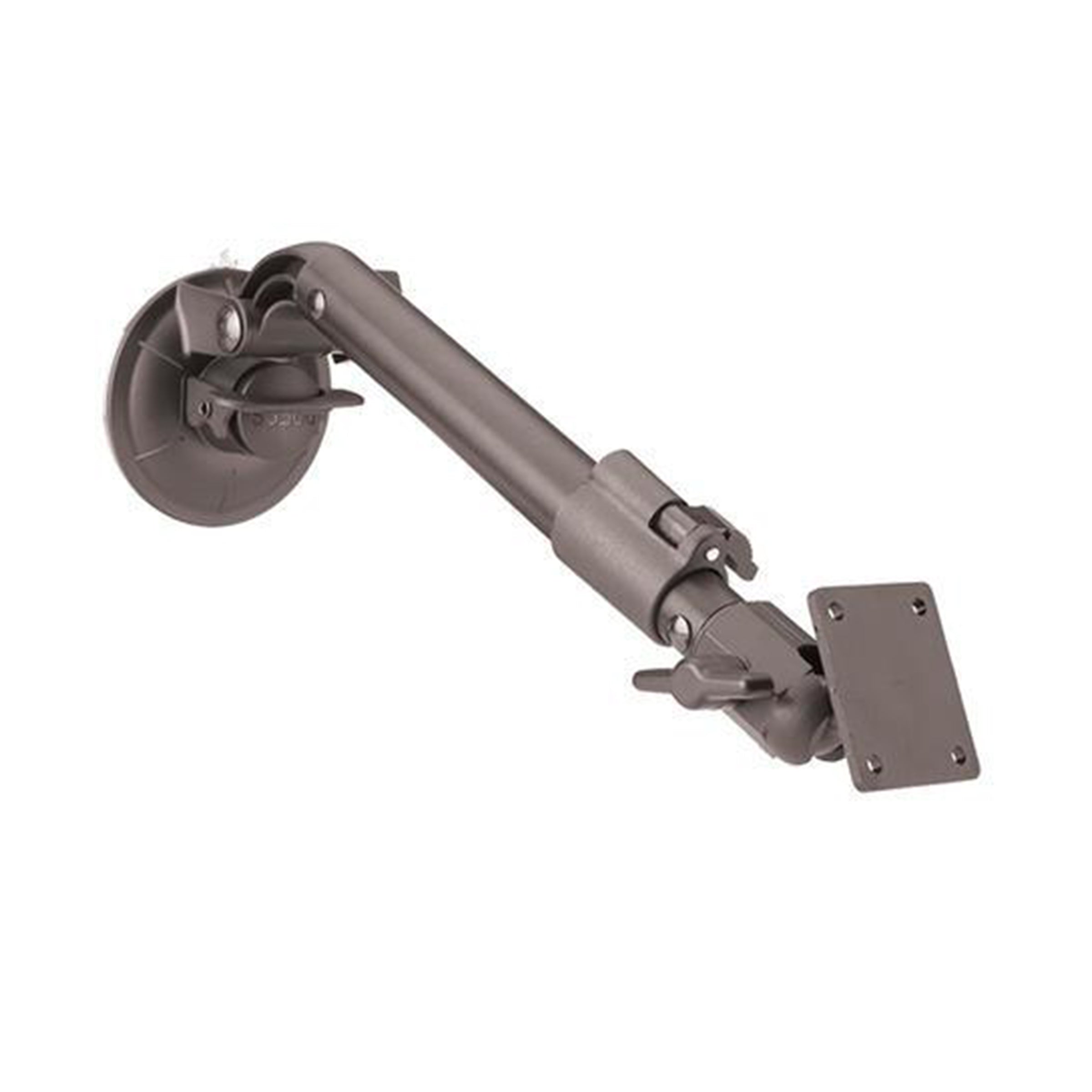 A black PIVOT Telescoping Suction Cup Mount designed to hold a monitor or similar device. It has multiple joints for adjustable positioning, a round mounting base, and a rectangular attachment point at the end.