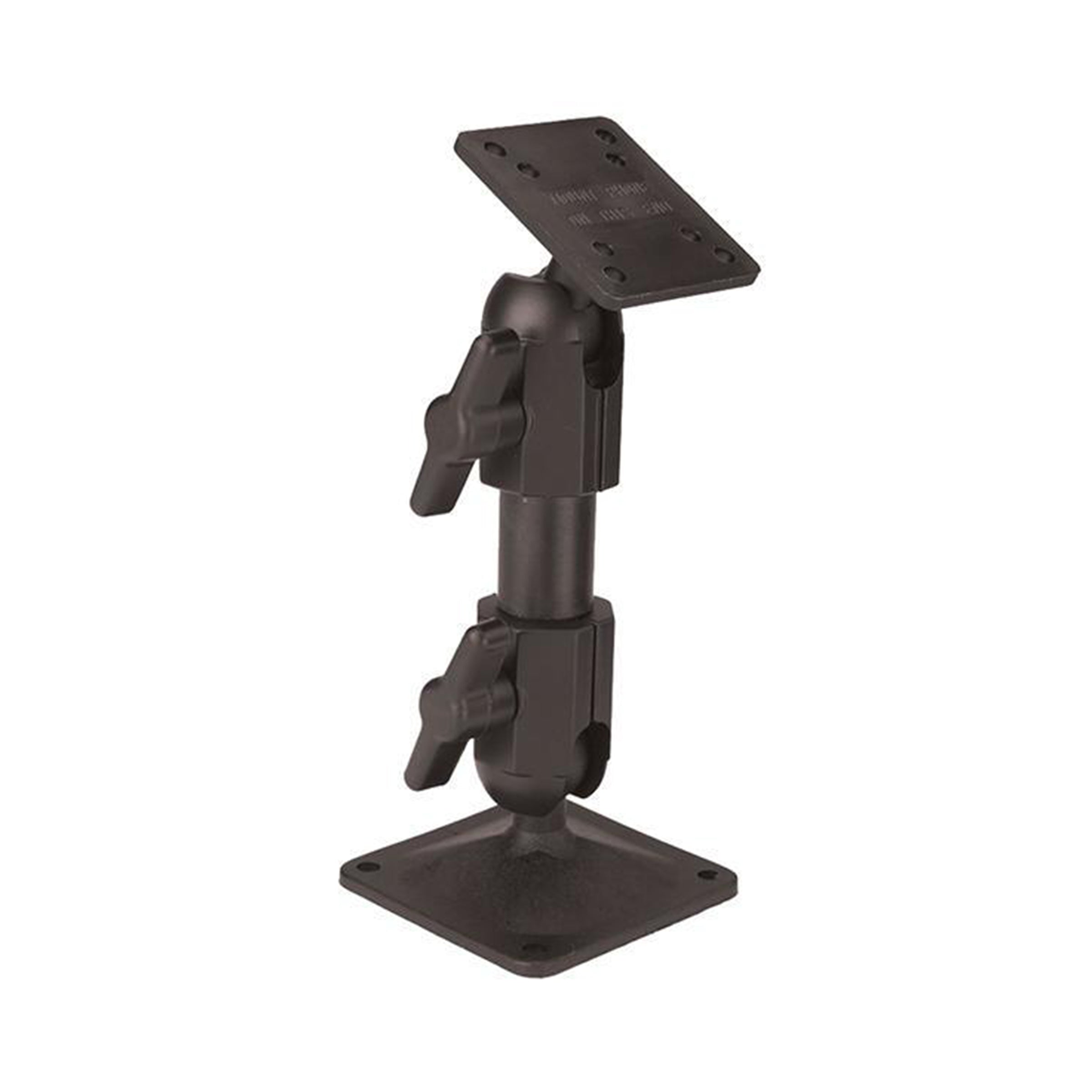 A black, adjustable Slimline Hard Mount stand with two pivot joints and two tightening knobs positioned along the vertical rod. The base and top of the PIVOT Slimline Hard Mount stand feature flat, rectangular plates with screw holes for secure mounting.