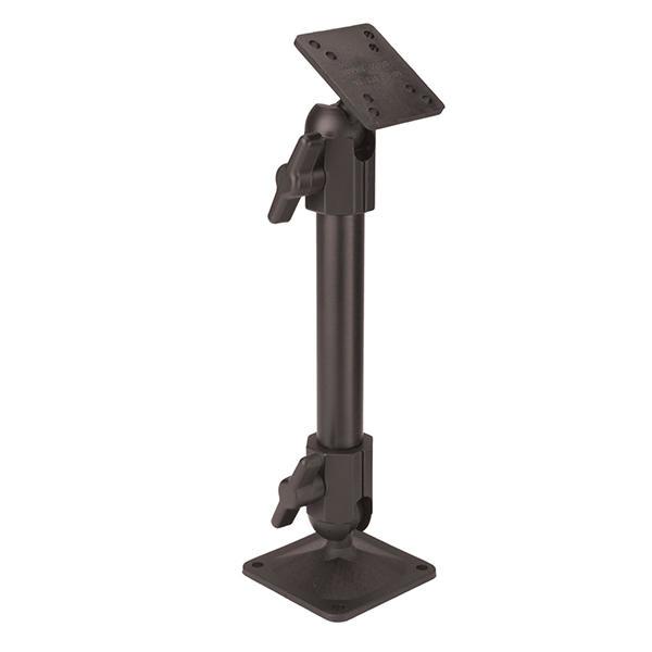 A black adjustable mounting bracket with two main joints and multiple screw slots on a flat base and top plate, designed for securing devices or fixtures. The PIVOT Slimline Hard Mount has knobs at each joint for adjusting the height and angle.