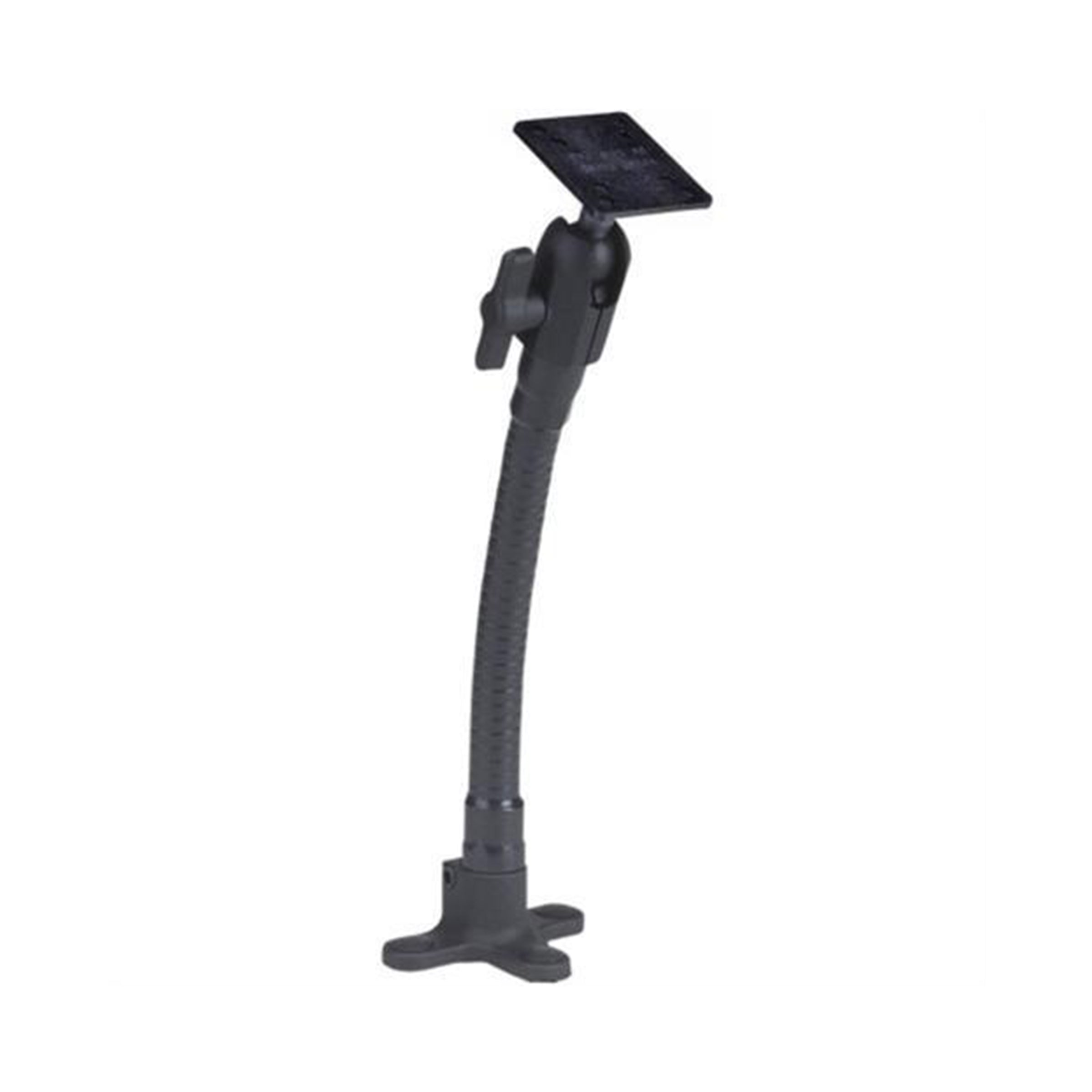 A black adjustable gooseneck mounting arm with a rectangular plate at the top and a cross-shaped base. The UniFlex Hard Mount from PIVOT is designed for mounting small devices or equipment, allowing for flexible positioning and secure attachment.