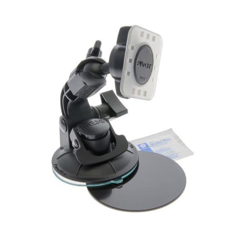 Image of a black suction cup phone mount with a rectangular, adjustable holder labeled "PIVOT." The mount has various adjustable joints for positioning. An alcohol prep pad and an adhesive disc are placed near the PIVOT Suction Cup Mount Sticker Disc.