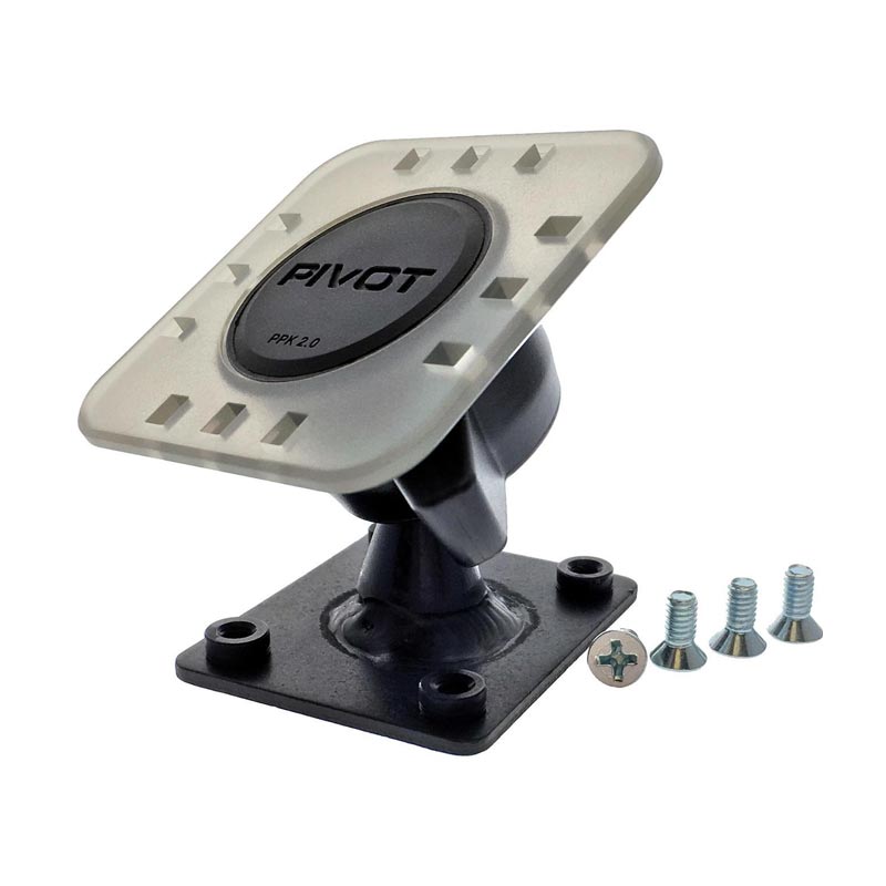 An image of a PIVOT High-Deflection Flush Permanent Mount (AMPS Plate) featuring a rotating square platform on a black adjustable base. The bracket, designed for holding devices, comes with three screws and a screw with a washer for installation.