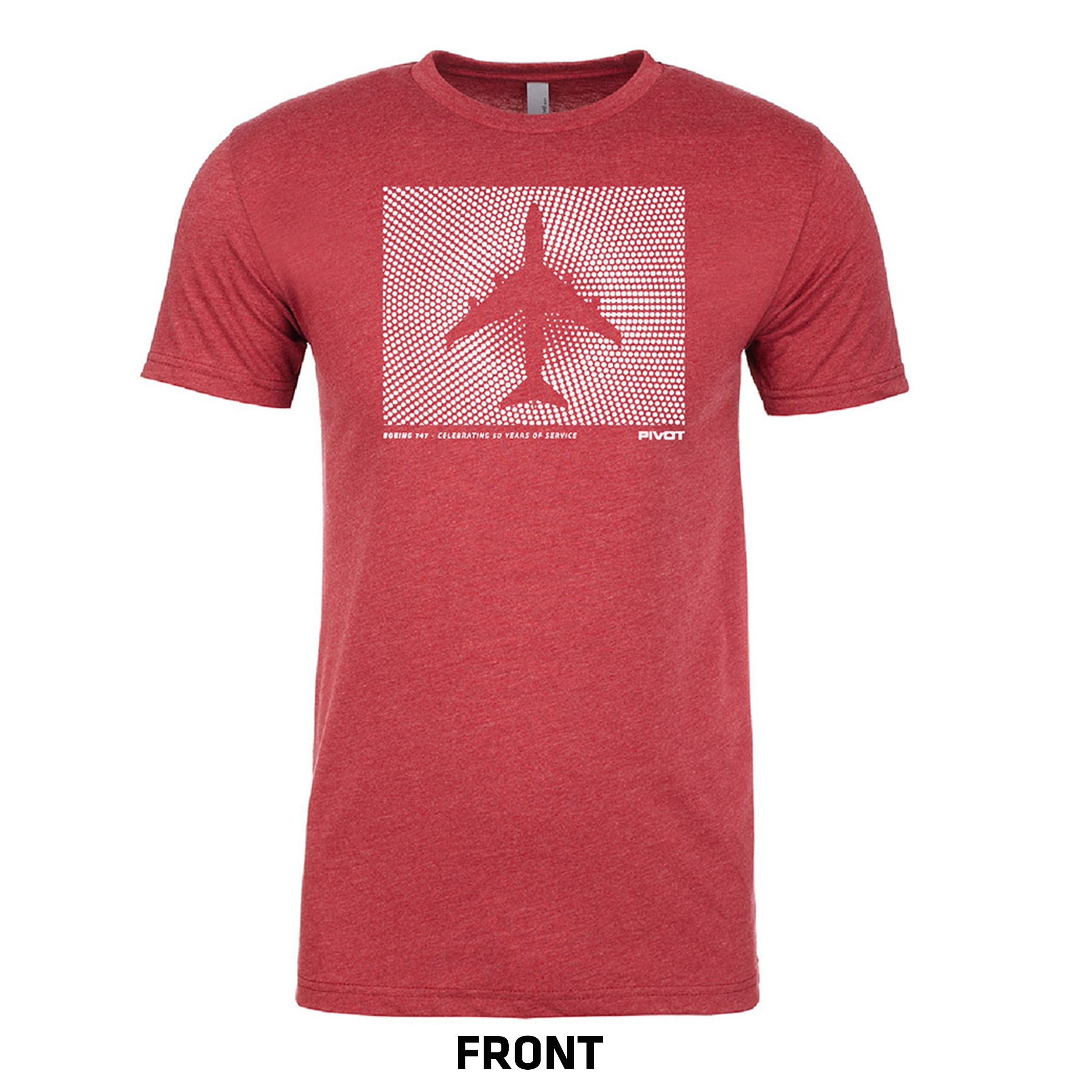 A red T-shirt featuring a white graphic design of a jet airplane over a dotted background. Text beneath the design reads, "PIVOT - CELEBRATING 100 YEARS OF SERVICE." The word "FRONT" is shown below the T-shirt. Sizing information and body length details are available for a perfect fit. This is the Boeing 747 50th Anniversary Tribute Tee by PIVOT.