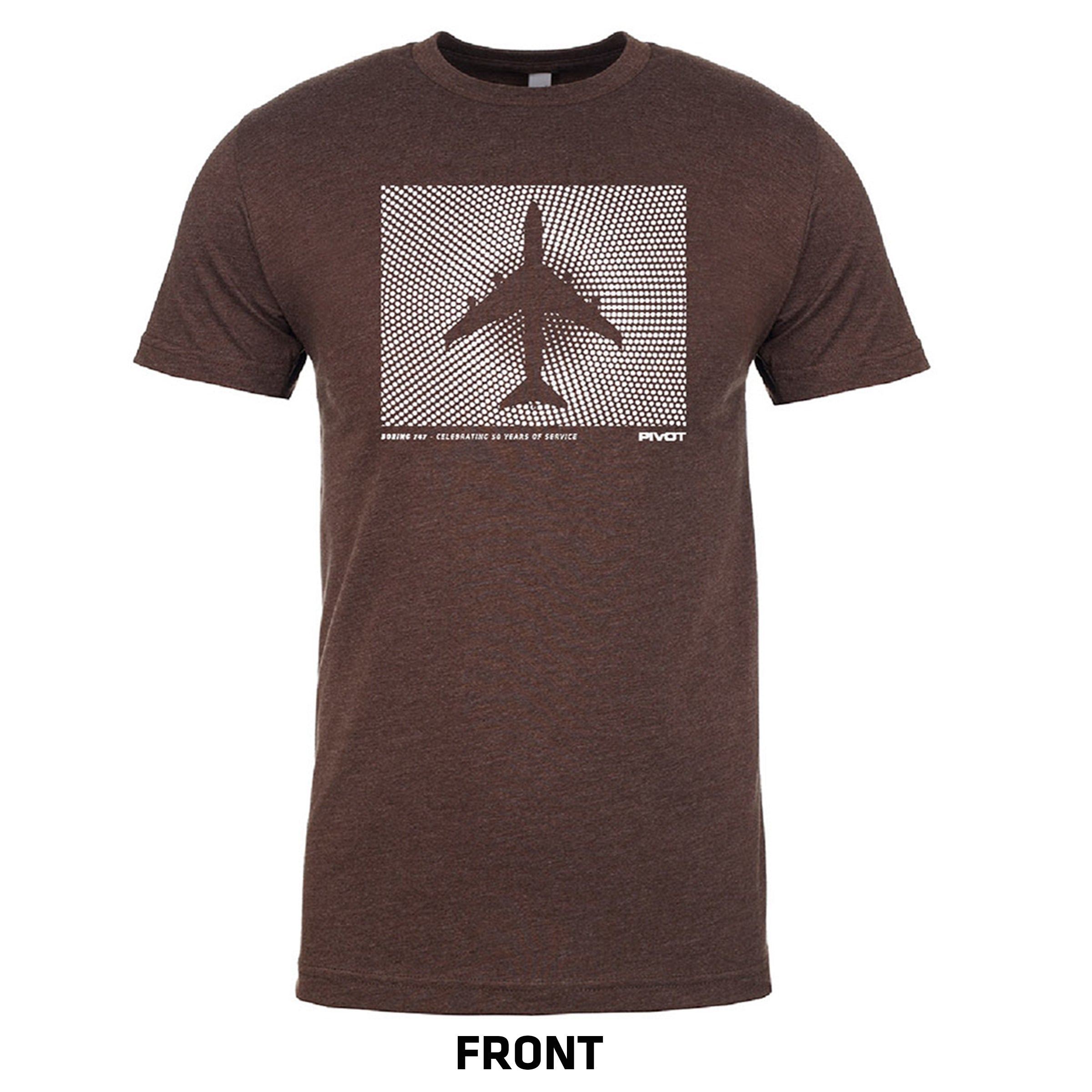 A brown Boeing 747 50th Anniversary Tribute Tee with a graphic on the front depicting an airplane in a grid pattern. The text at the top reads, “40N 114W - Collaboration is born of respect,” with the word "PIVOT" in the bottom right corner of the graphic. Sizing information includes body length and body width measurements at the bottom labeled "FRONT.