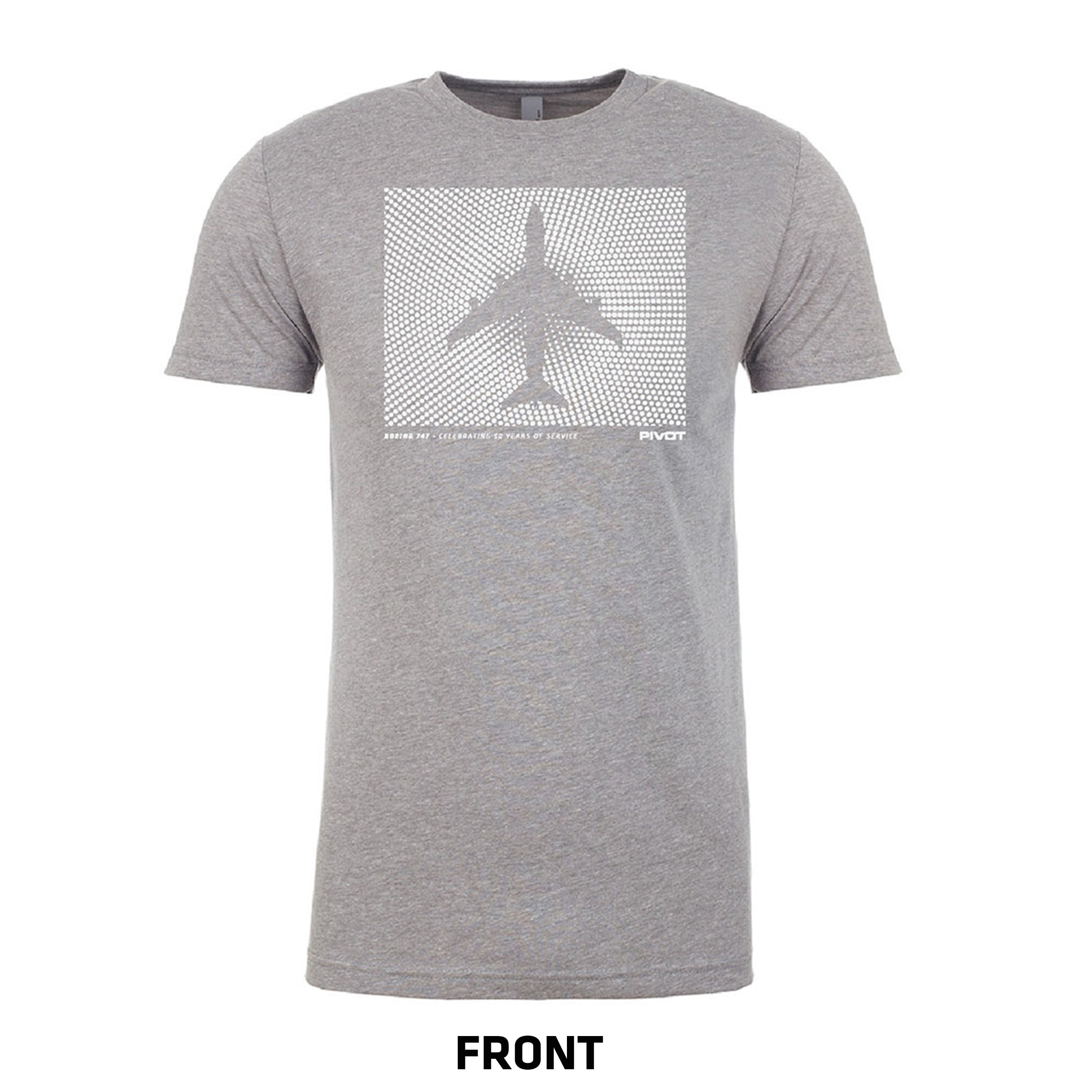 A grey t-shirt featuring a pixelated white airplane graphic on the chest. The word "FRONT" is printed at the bottom of the image. The PIVOT Boeing 747 50th Anniversary Tribute Tee includes comprehensive sizing information, covering details about body length and body width.