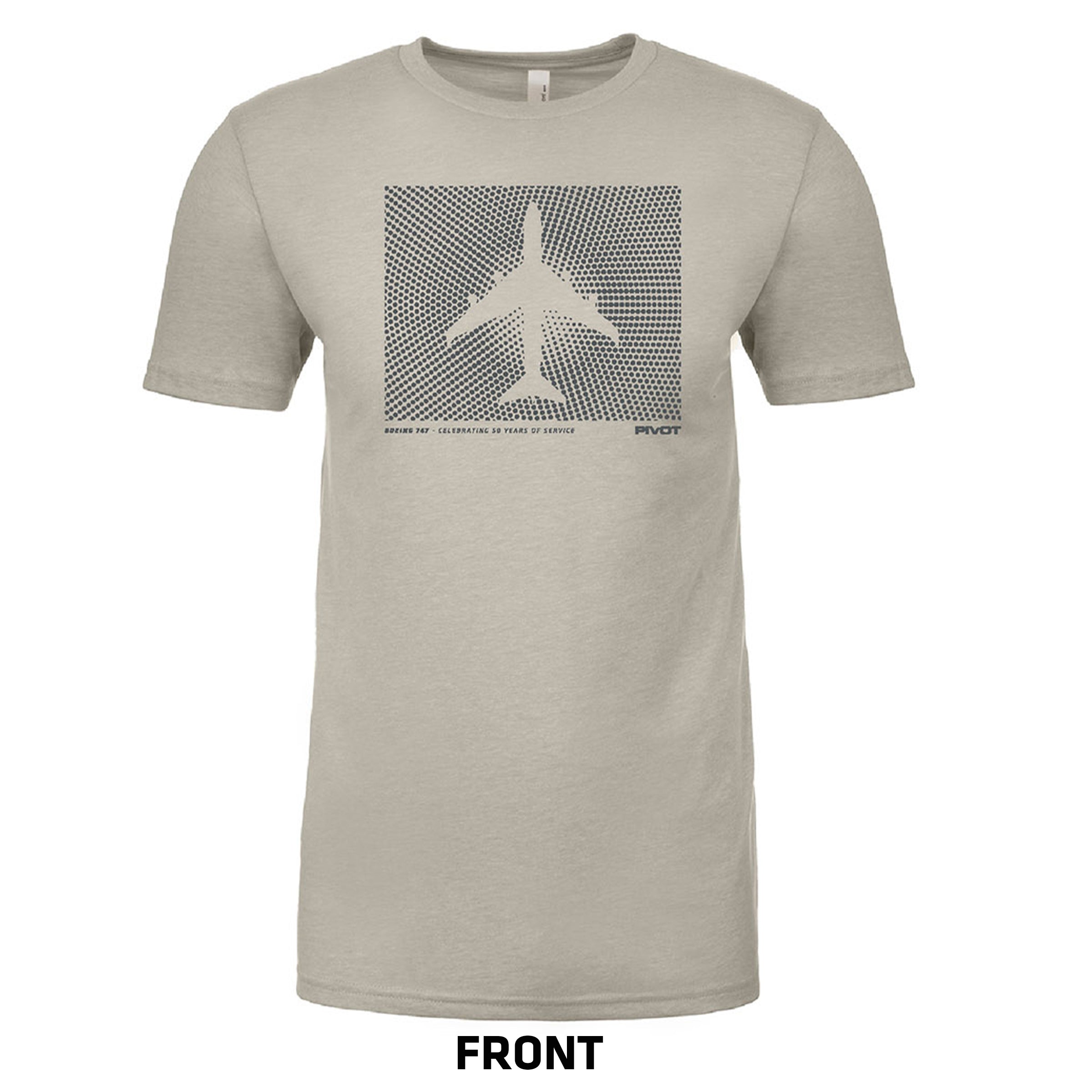 A light beige t-shirt with a pixelated graphic design of an airplane in the center of the chest, surrounded by a dotted pattern. The words "Boeing 747 50th Anniversary Tribute Tee" and the brand name "PIVOT" are written near the bottom right corner of the design. Sizing information includes body width and body length noted on the shirt label indicating "FRONT.