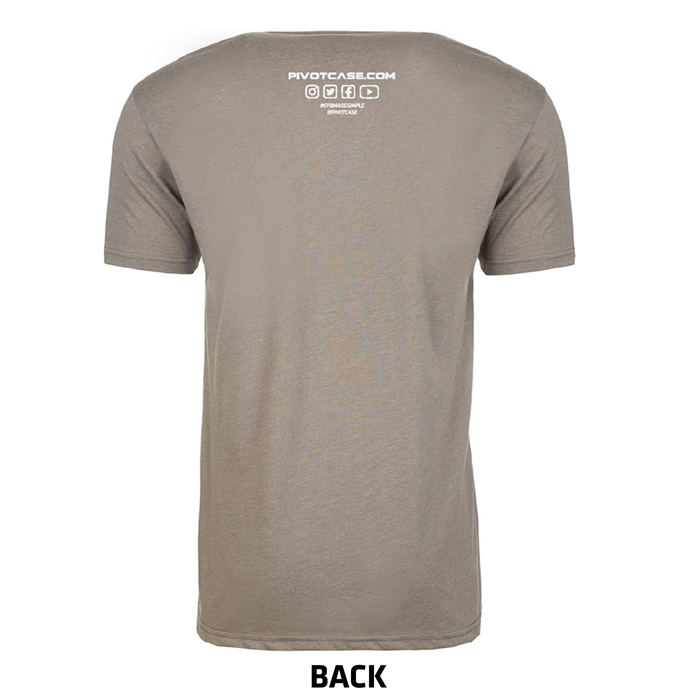 Back view of a gray short-sleeved Boeing 747 50th Anniversary Tribute Tee. The shirt has a crew neckline and the text "PIVOTCASE.COM" along with several social media icons printed near the top of the back. Sizing information, including body width and length, is available below the image. "BACK" is written beneath it.