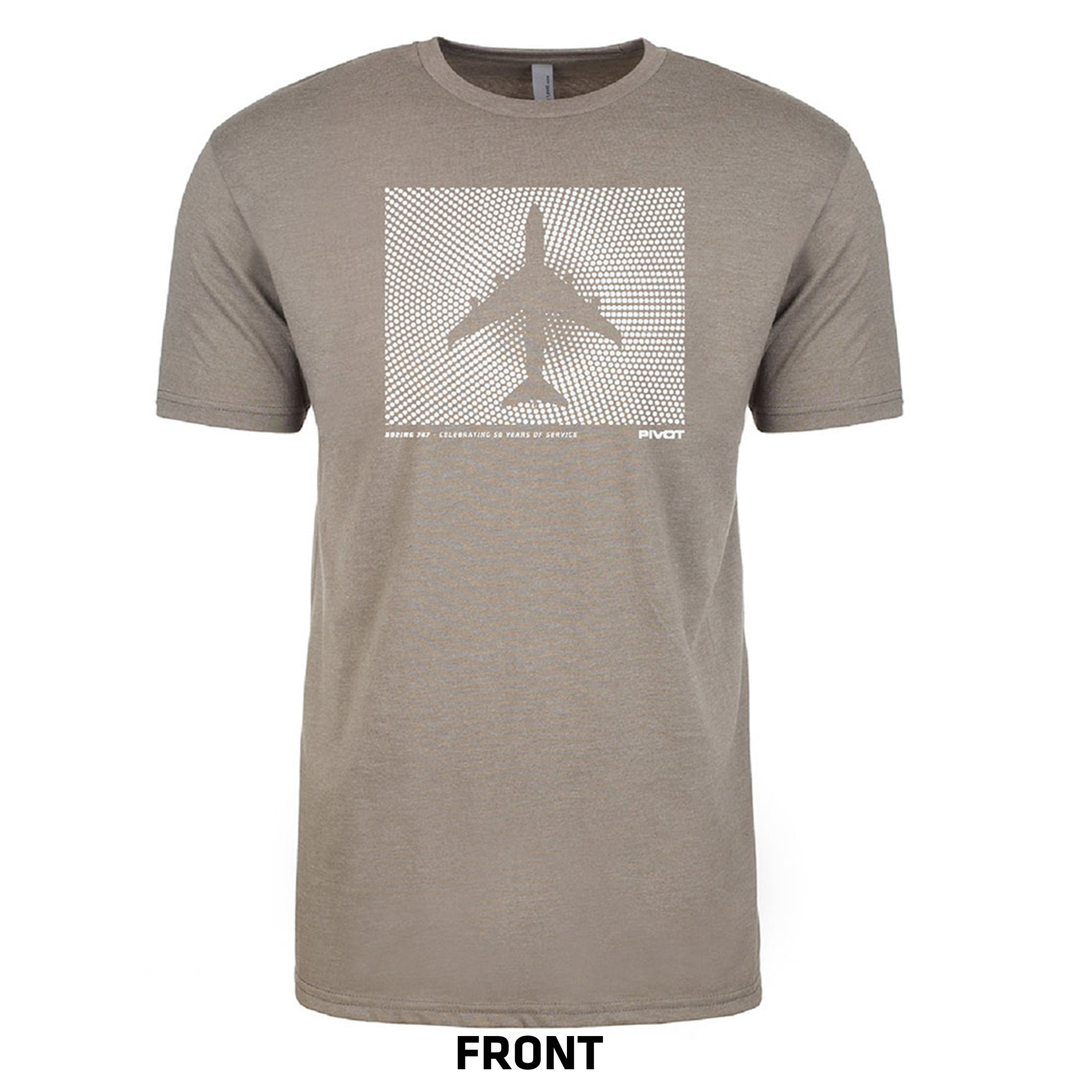 A heather gray t-shirt with a graphic design of a pixelated airplane in the center. The design is composed of small dots with the text "Dream Big" above the airplane and "Imagination Is Just the Beginning" below it. Sizing information, including body length and width, is available below the shirt. This PIVOT Boeing 747 50th Anniversary Tribute Tee merges style with inspiration for aviation enthusiasts.