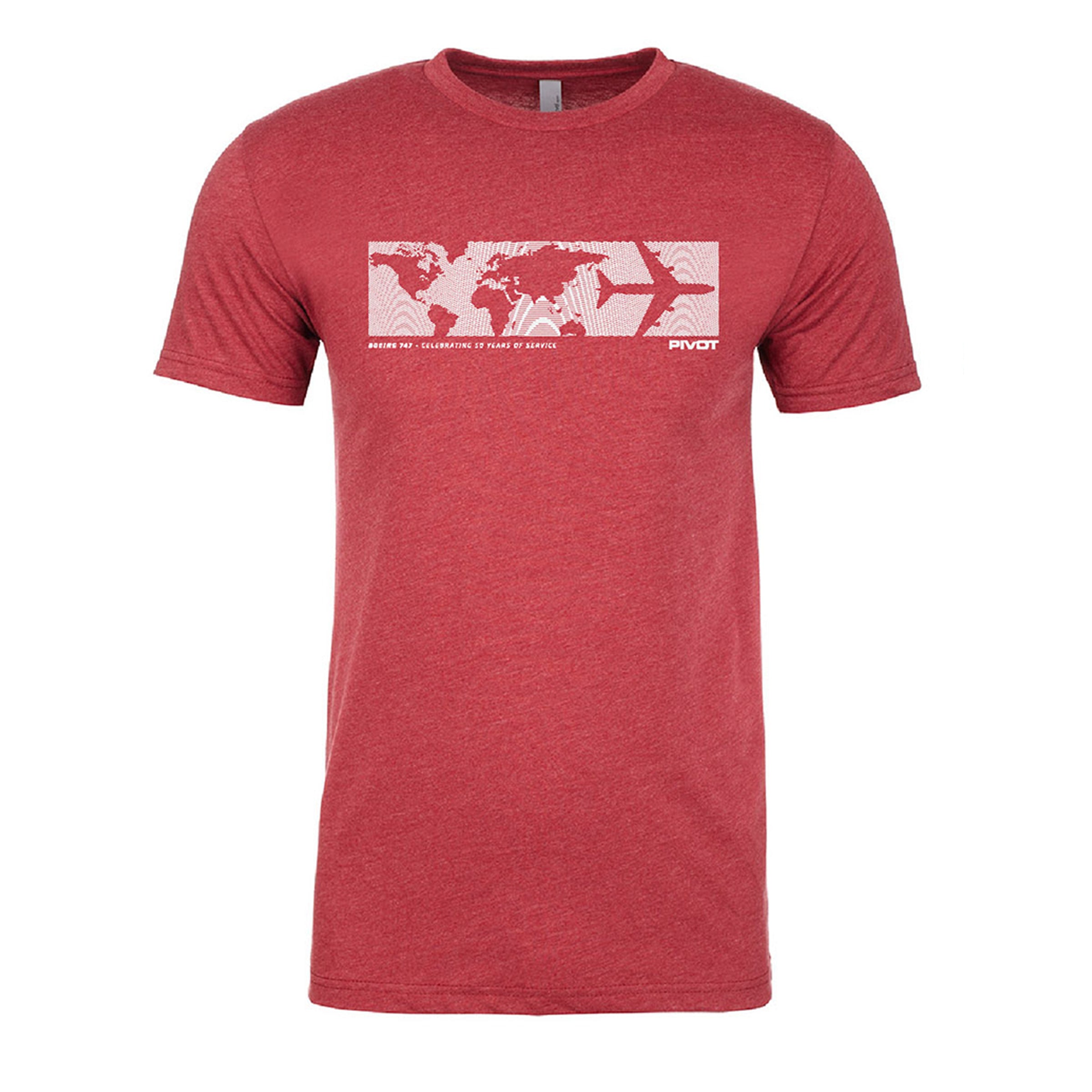 A red PIVOT World Map Boeing 747 Tribute Tee with a white horizontal graphic across the chest. The graphic features a world map and mountain designs, along with the word "PIVOT" at the bottom right corner. Sizing information includes body length and body width details. The shirt is displayed on a plain white background.