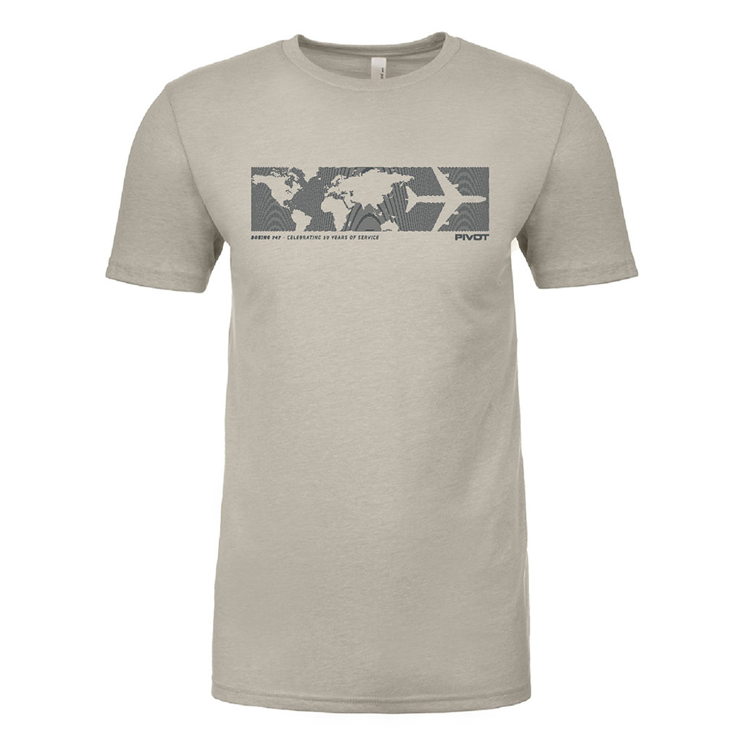 A beige-colored T-shirt displays a graphic of a world map with contour lines in a rectangular panel across the chest. Beneath the map, text reads, "MODERN FIT/EXPLORING A WORLD OF SCIENCE." The word "PIVOT" appears to the right of the map, ensuring style and body length are perfectly aligned. This is the PIVOT World Map Boeing 747 Tribute Tee by PIVOT.