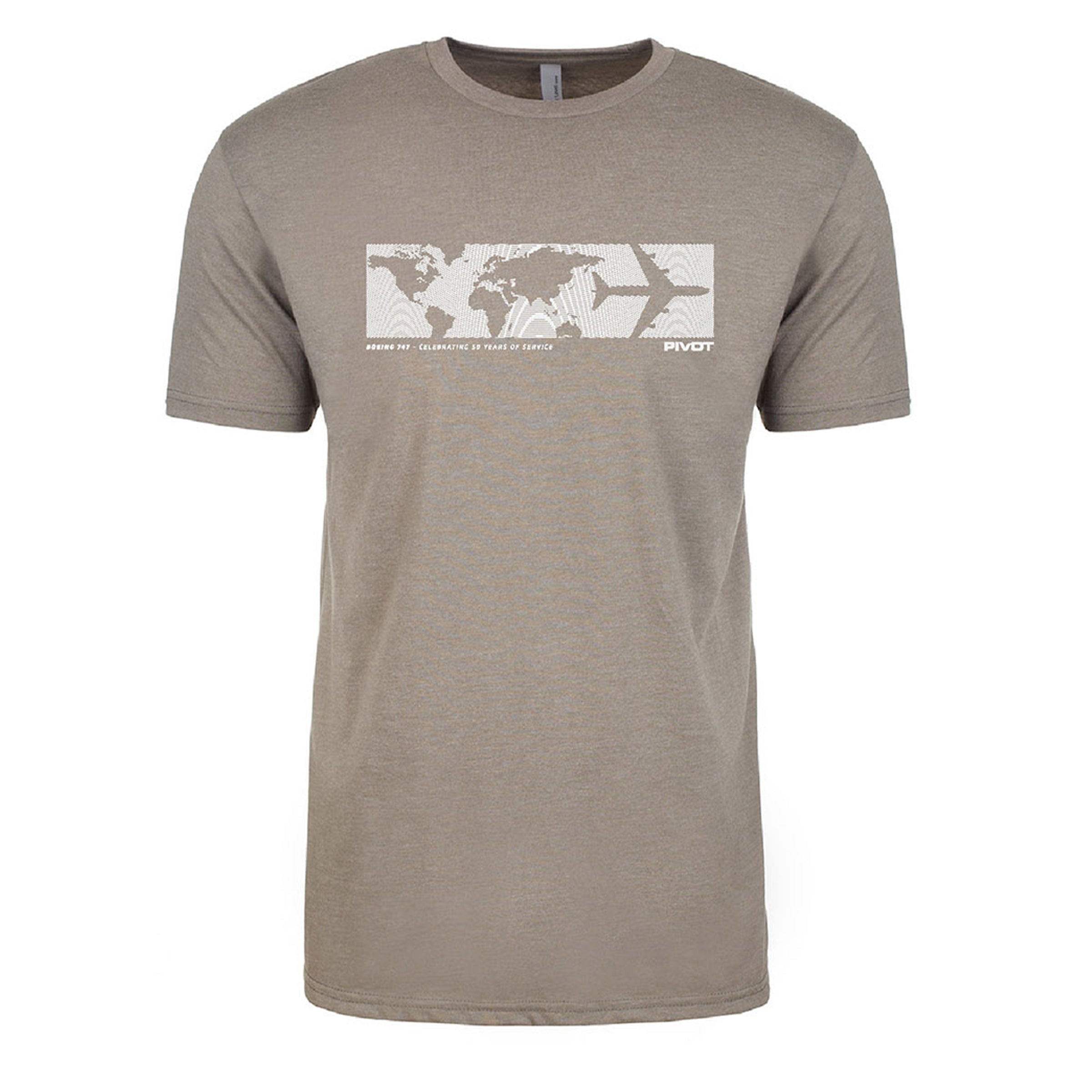 A gray PIVOT World Map Boeing 747 Tribute Tee with a white rectangular graphic across the chest. The graphic features a stylized world map on the left and abstract geometric shapes on the right. The word "PIVOT" appears in bold on the right side of the graphic. Check out sizing information for precise body length and body width measurements.