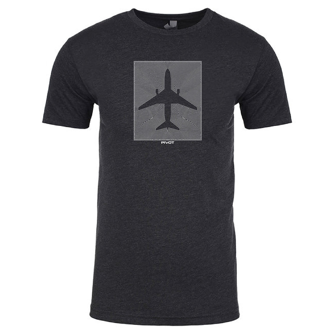 A black T-shirt featuring a minimalist line art design of an airplane viewed from above, centered on the chest. The lines radiate outward in a geometric pattern. The word "PIVOT" is printed below the airplane graphic. Check our sizing information for optimal body length and body width to find your perfect fit of the Boeing 767 Optical Tee by PIVOT.