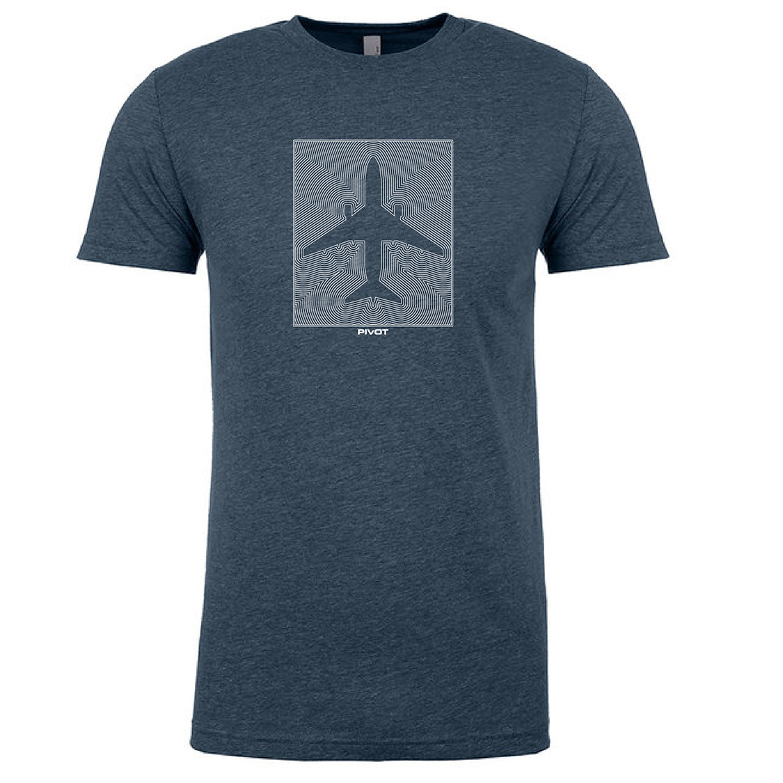 A blue Boeing 767 Optical Tee from PIVOT features a white line art illustration of an airplane viewed from above, centered on the chest. The word "PIVOT" is written in small white letters below the illustration. With a crew neck and short sleeves, this shirt includes sizing information featuring body width and length measurements.