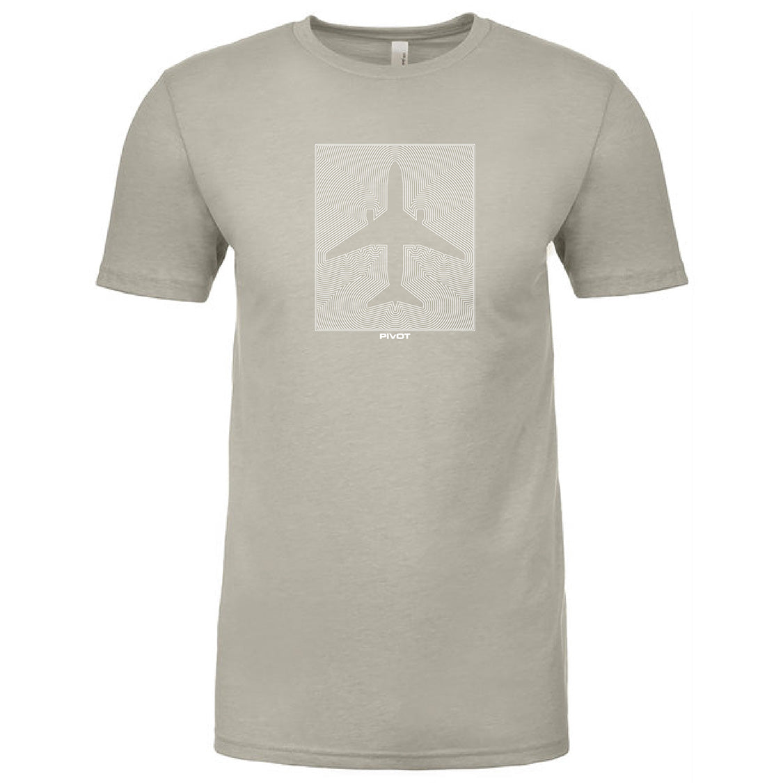 A light gray Boeing 767 Optical Tee by PIVOT featuring a minimalist white outline of an airplane viewed from above, centered in the middle. Below the airplane outline, the word "PIVOT" is printed in small white letters. For sizing information regarding body length and body width, please refer to the product details. The t-shirt is displayed against a plain white background.