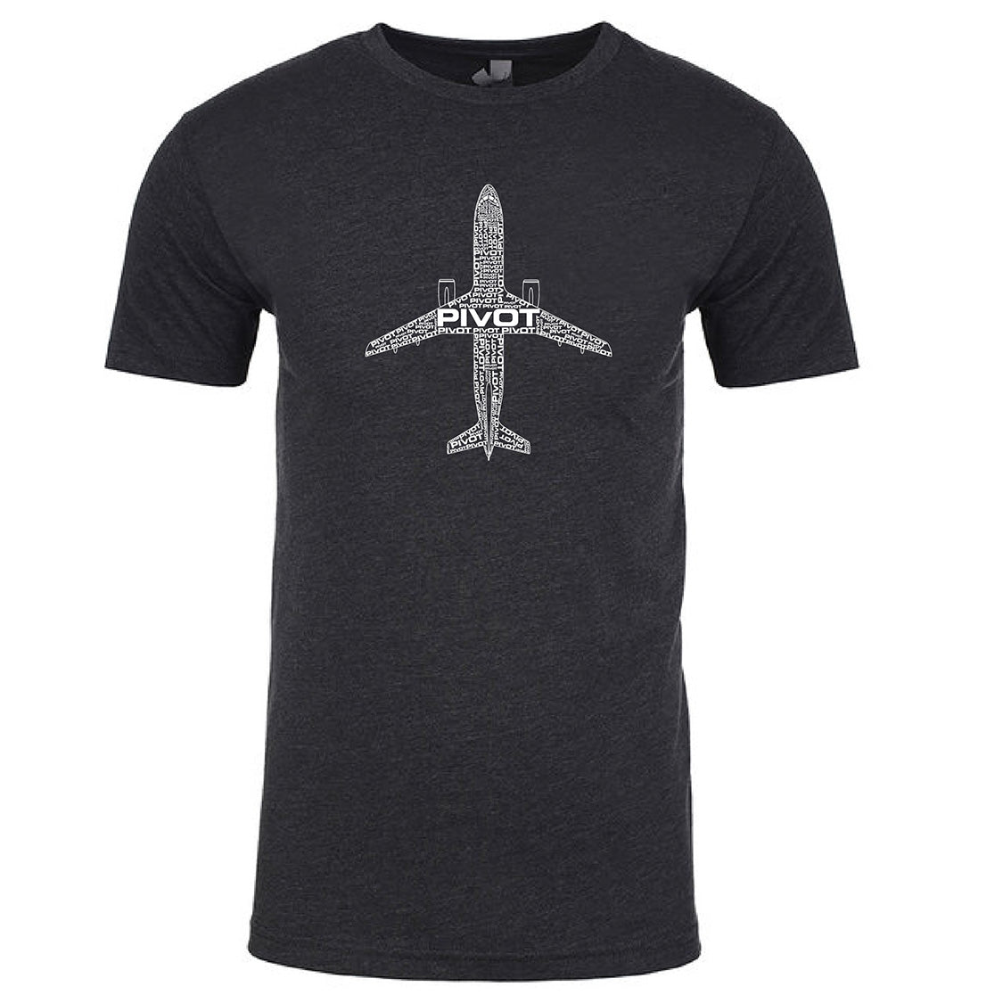 Black T-shirt with a graphic of an airplane viewed from above. The design features various words and letters, with "PIVOT" prominently displayed across the middle of the airplane. For precise sizing information, please refer to our detailed body length and body width measurements. This is the Boeing 767 Tribute Tee by PIVOT.