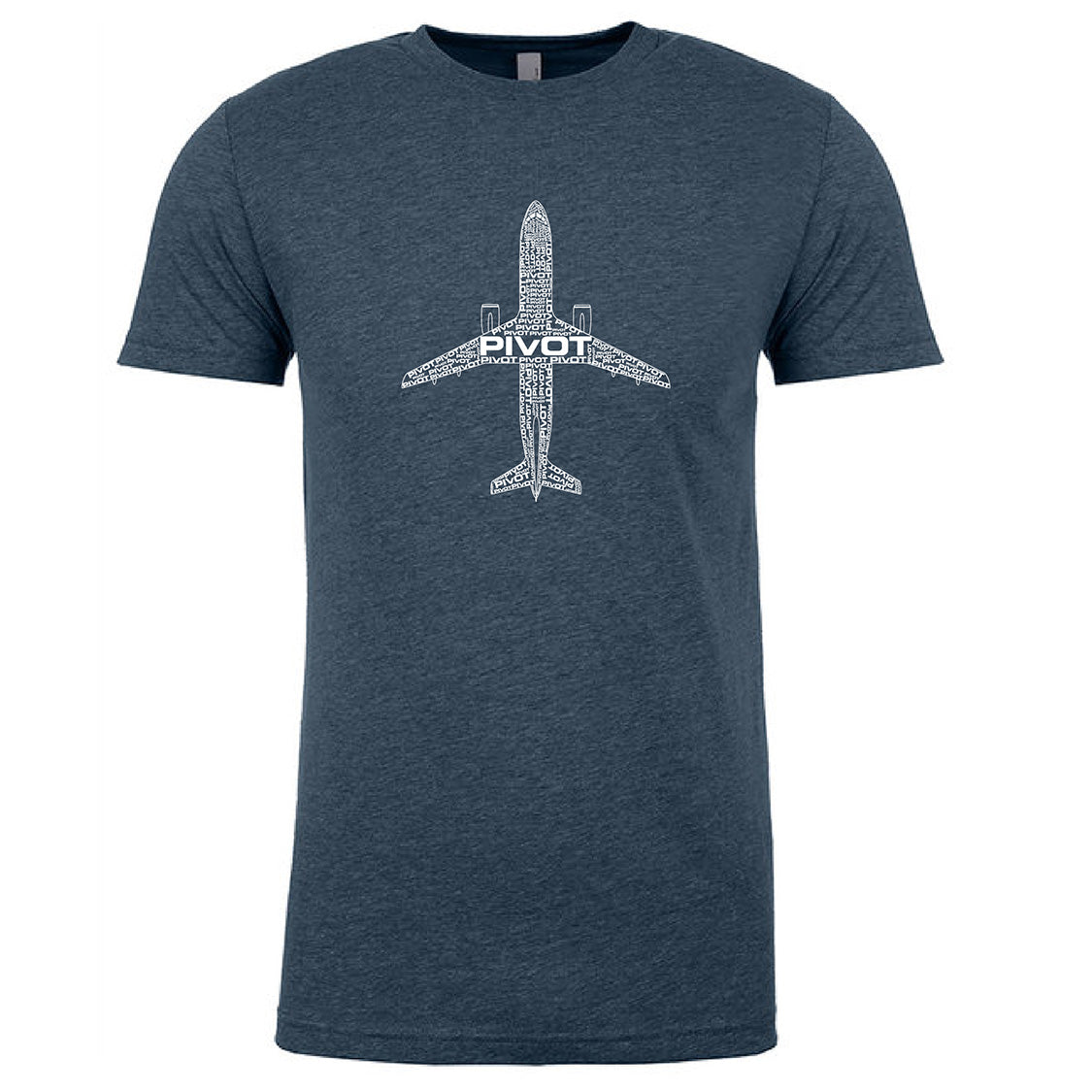 A heather blue Boeing 767 Tribute Tee with a white graphic of a commercial airplane viewed from above. The word "PIVOT" is prominently displayed in bold letters across the plane's fuselage. The design has detailed line patterns within the airplane silhouette. Sizing information includes body width and body length measurements by PIVOT.