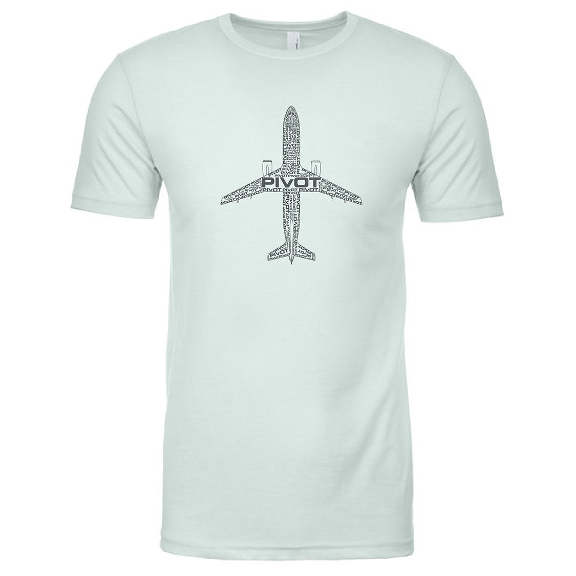 Light green Boeing 767 Tribute Tee featuring a detailed black outline illustration of an airplane viewed from above, with the word "PIVOT" written across the main body of the aircraft. Sizing information includes measurements for body width and body length to ensure a perfect fit.