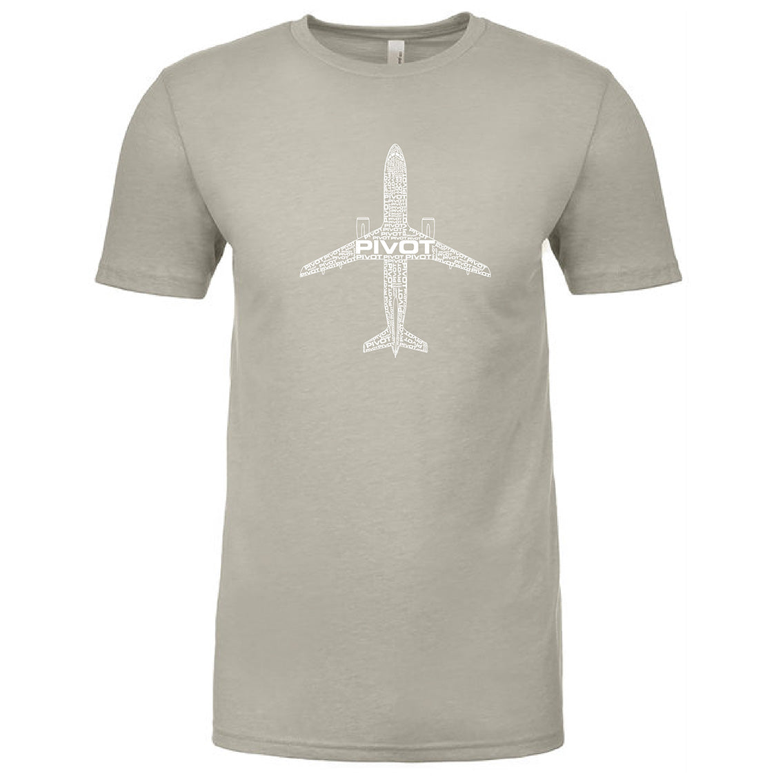 A gray t-shirt featuring a white outline of an airplane viewed from above at its center. The word "PIVOT" is printed in white capital letters along the fuselage of the airplane. The Boeing 767 Tribute Tee by PIVOT has short sleeves and a crew neck, with detailed sizing information including body width and body length.