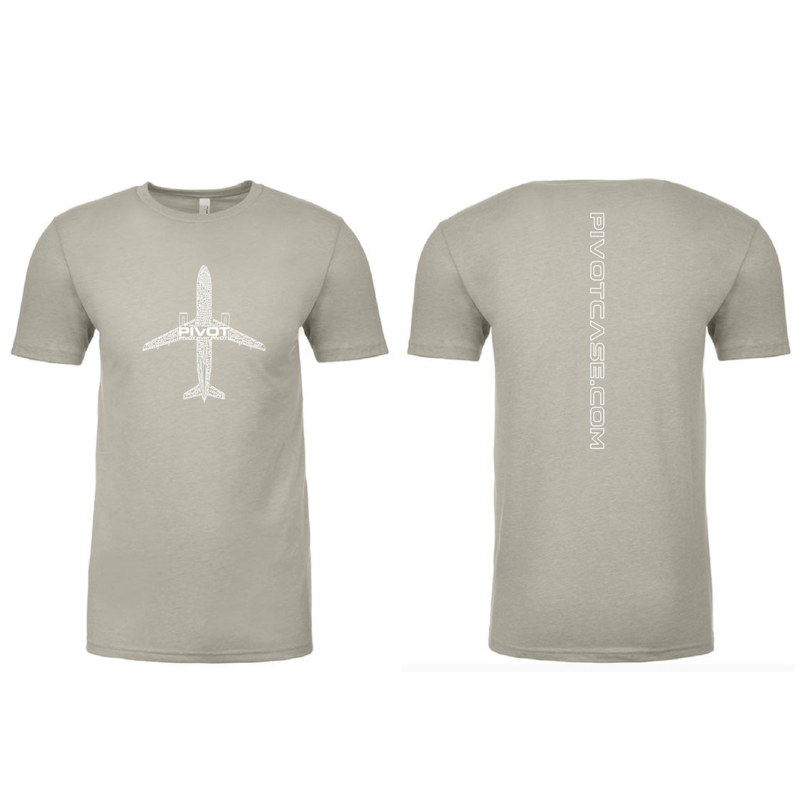 A light gray Boeing 767 Tribute Tee displayed from both front and back views, perfect for showcasing its stylish design. The front view features a white graphic of an airplane with the word "PIVOT" across the fuselage. The back view has vertical text running down the center reading "PIVOTCASE.COM" in white. Check out our site for sizing information.