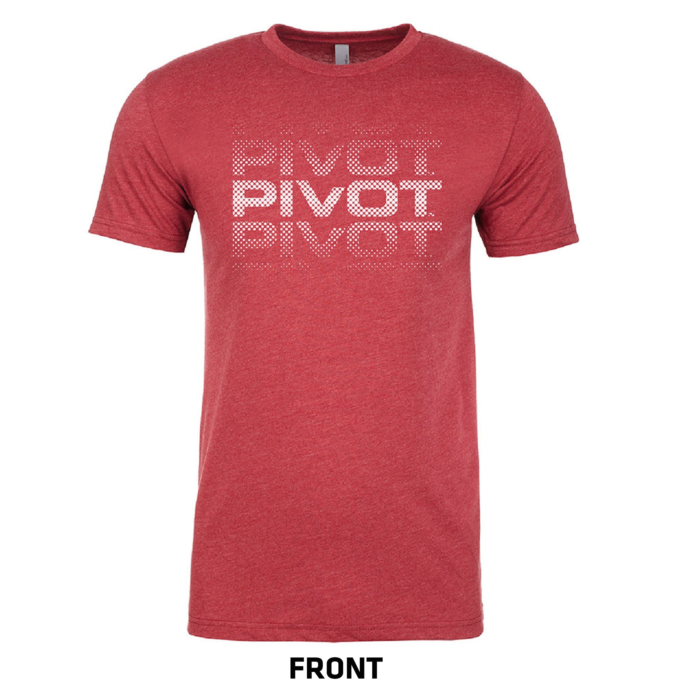 A red short-sleeve Logo Tee with the word "PIVOT" printed three times in a gradient pattern on the front. The text transitions from white to transparent dots. The shirt has a classic crew neck design, and for accurate sizing information, check the body length and width measurements. Displayed against a white background by PIVOT.